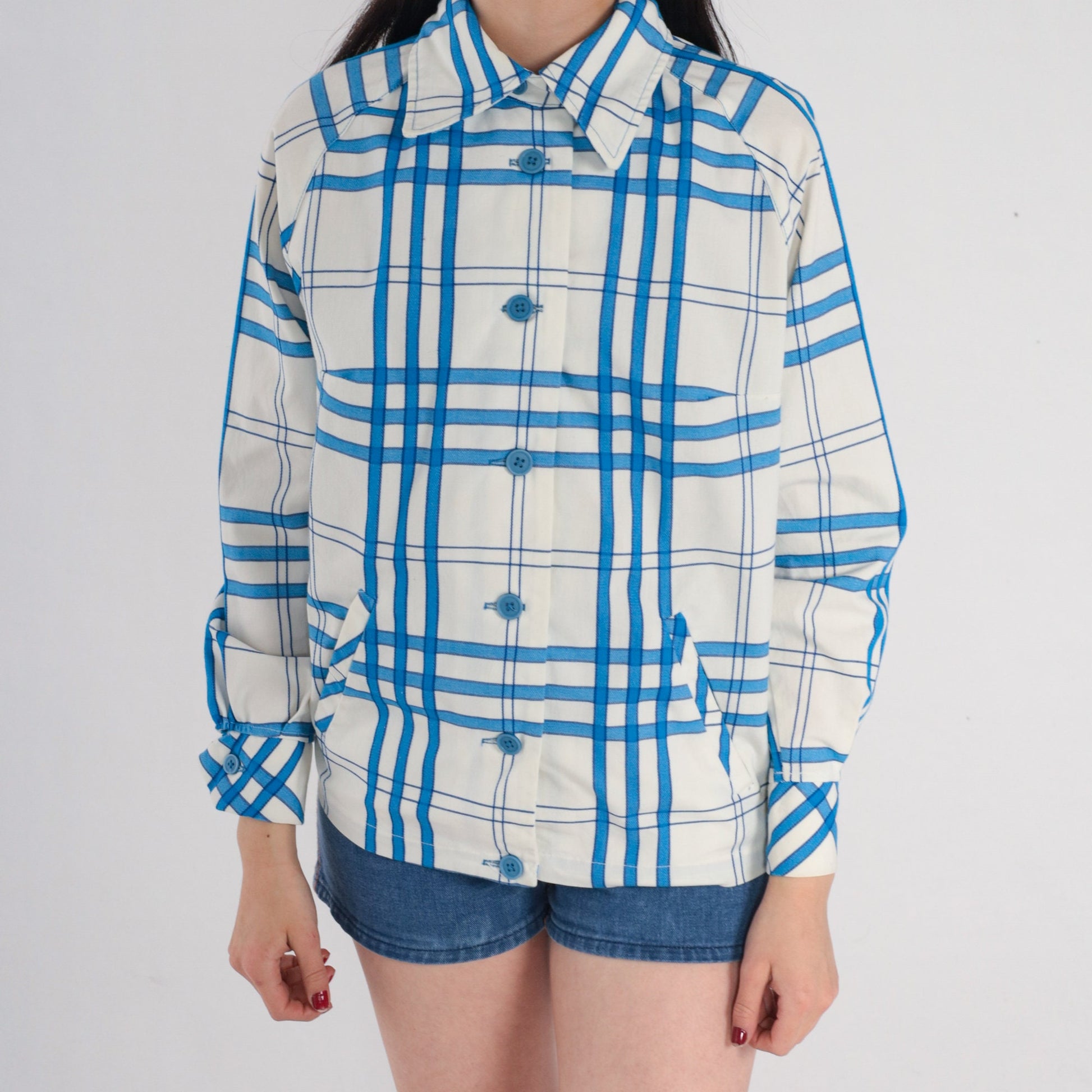 60s Plaid Button-Up Jacket White Blue Checkered Cotton Raglan Medium