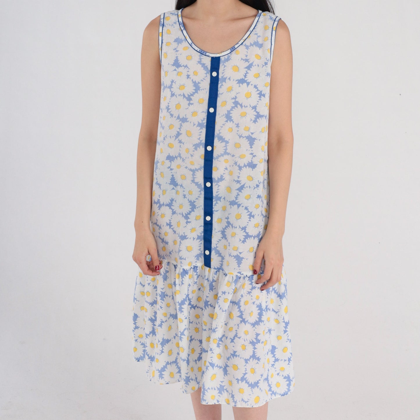 80s Floral Daisy Print Midi Dress Drop Waist Sleeveless Blue White Medium M