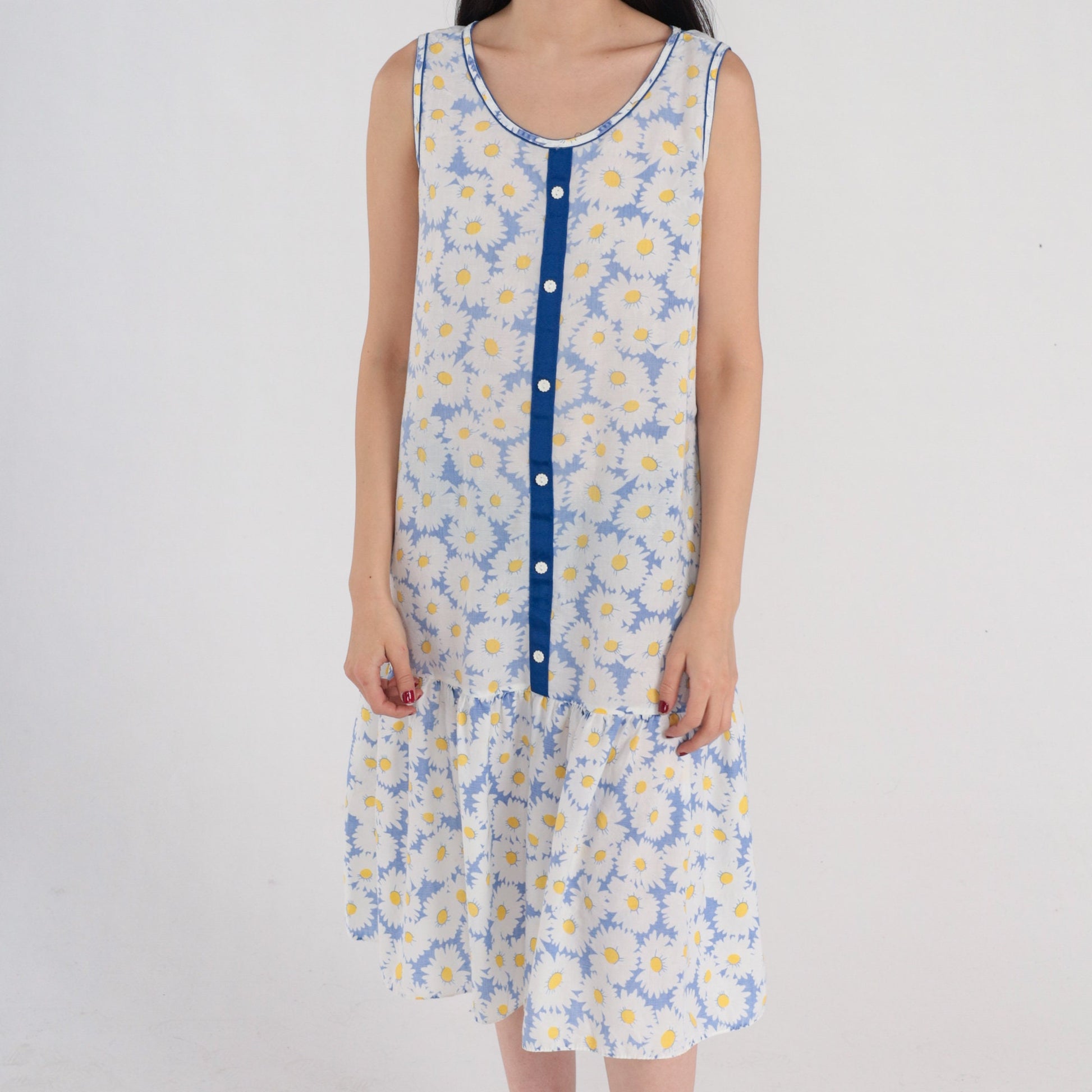 80s Floral Daisy Print Midi Dress Drop Waist Sleeveless Blue White Medium M