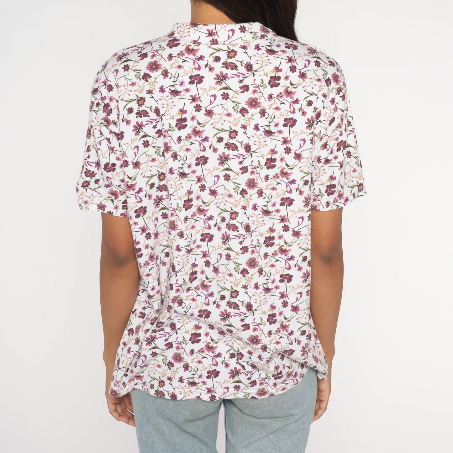 90s Floral T-Shirt White Purple Graphic Ribbed Fold-Over Collar Extra Large XXL