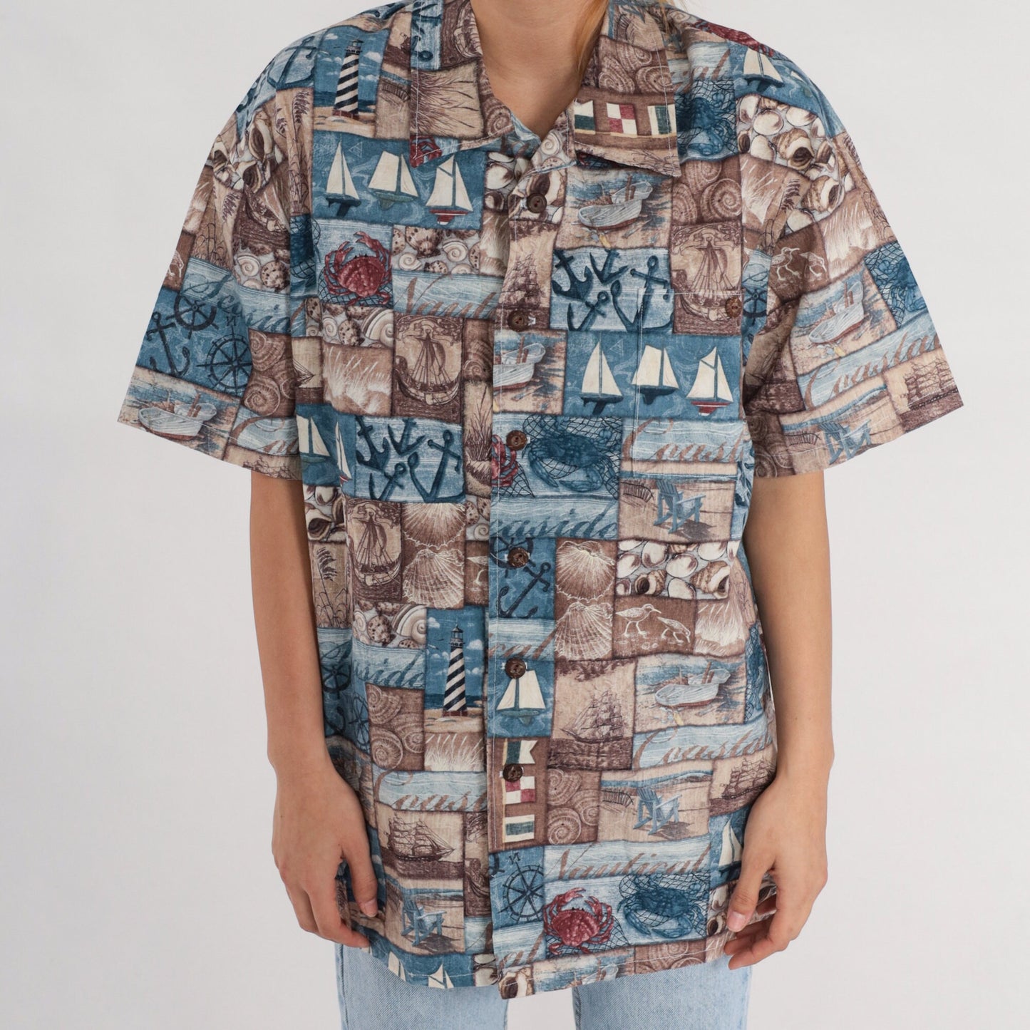 90s Nautical Sailboat Button-Up Shirt Blue Short Sleeve Extra Large XL