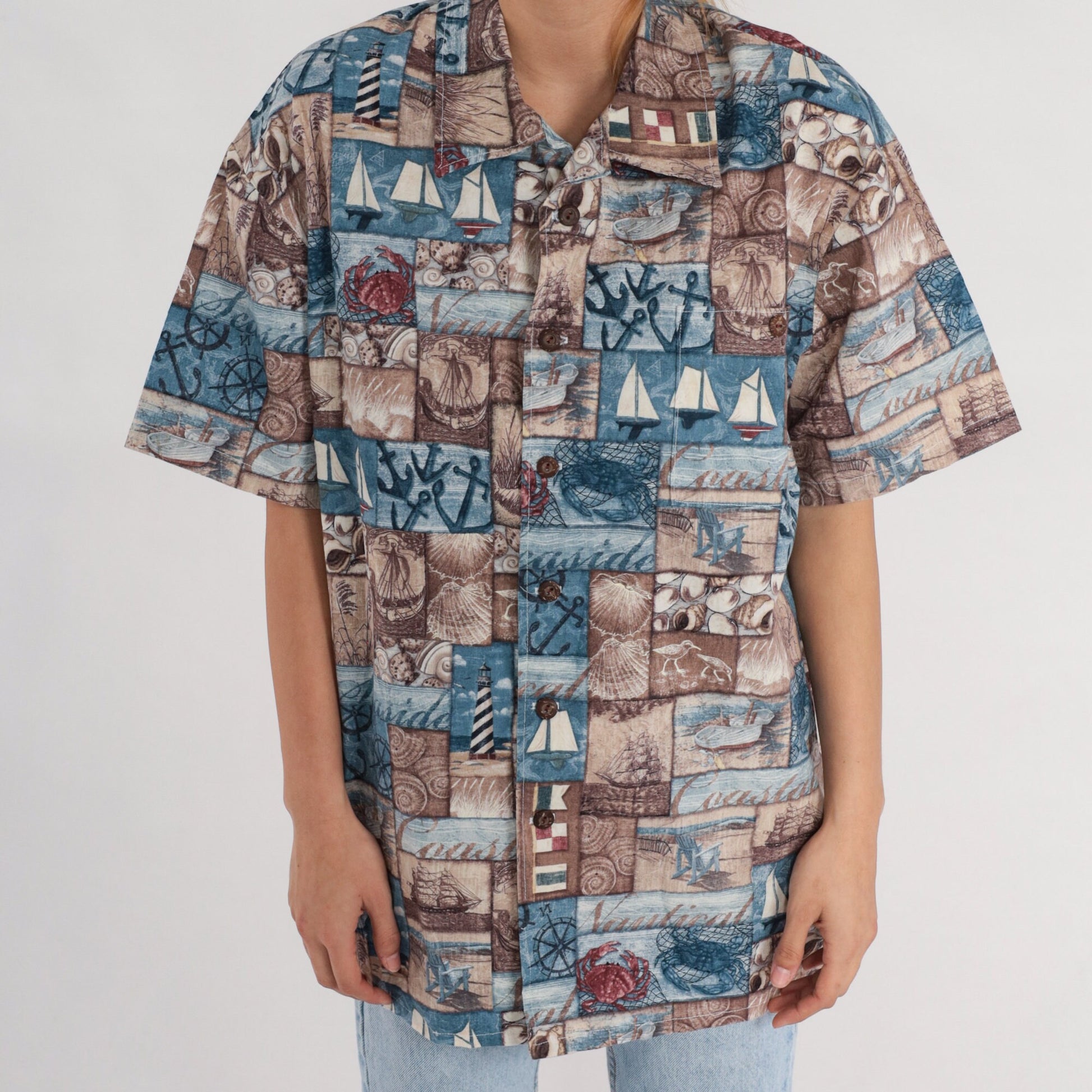 90s Nautical Sailboat Button-Up Shirt Blue Short Sleeve Extra Large XL