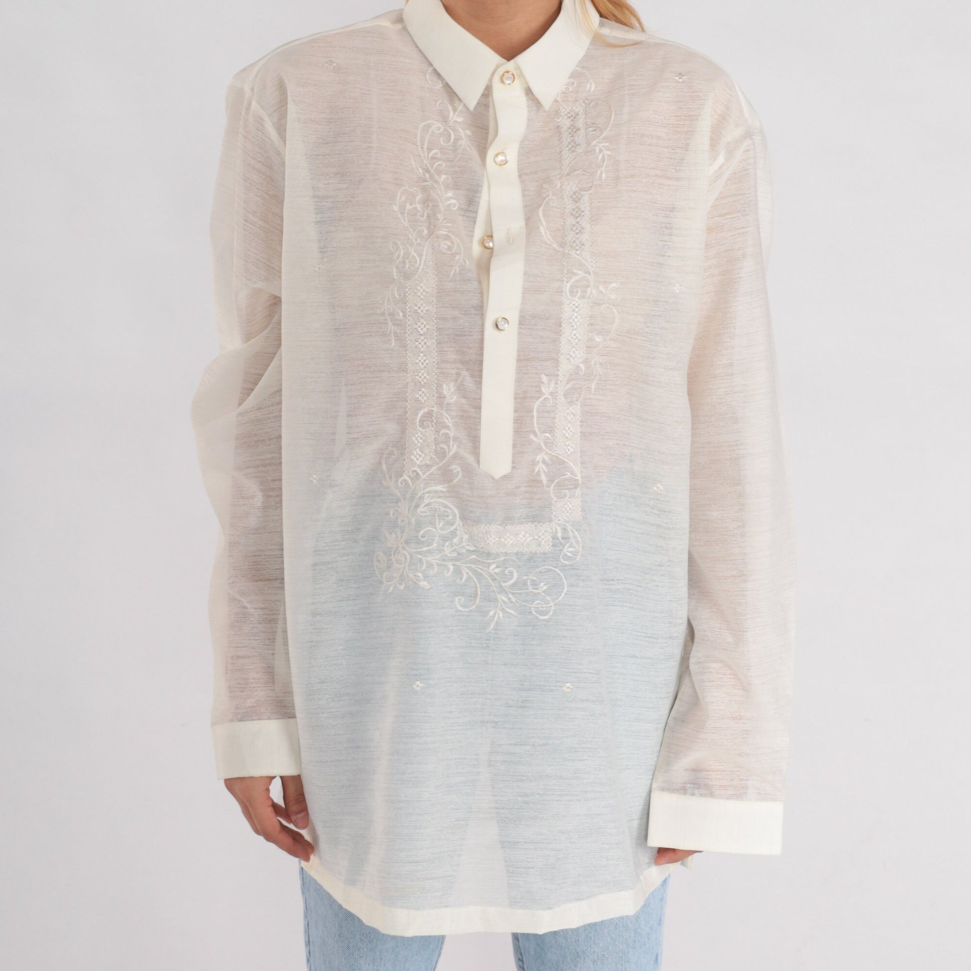 00s Sheer White Embroidered Button-Up Blouse Long Sleeve Floral Large L