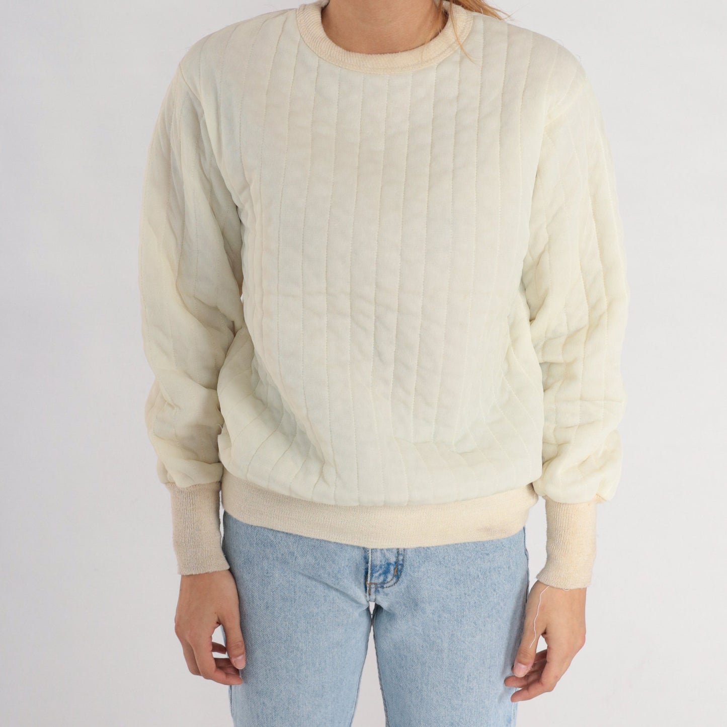 80s Quilted Jacket Liner Cream Nylon Pullover Sweatshirt Medium