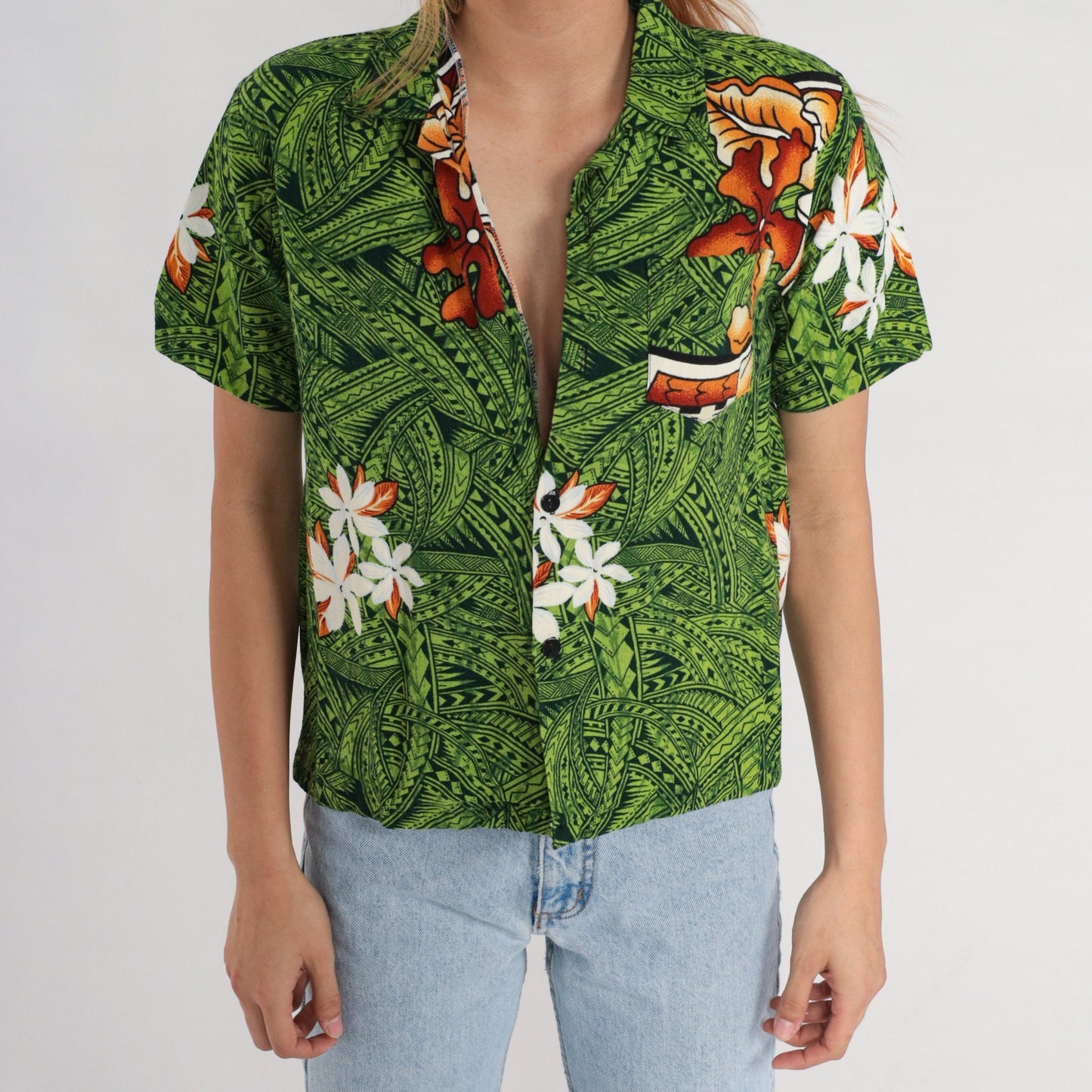 80s Tropical Floral Green Hawaiian Button-Up Blouse Short Sleeve Small