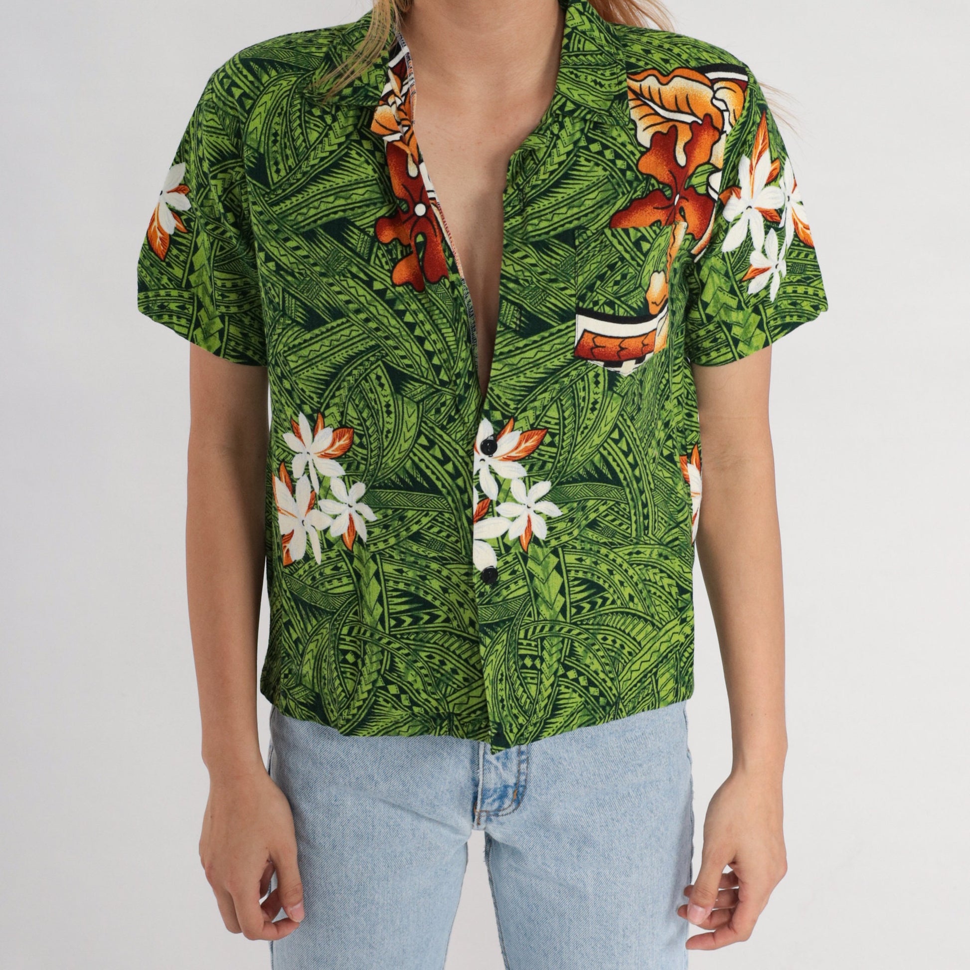 80s Tropical Floral Green Hawaiian Button-Up Blouse Short Sleeve Small