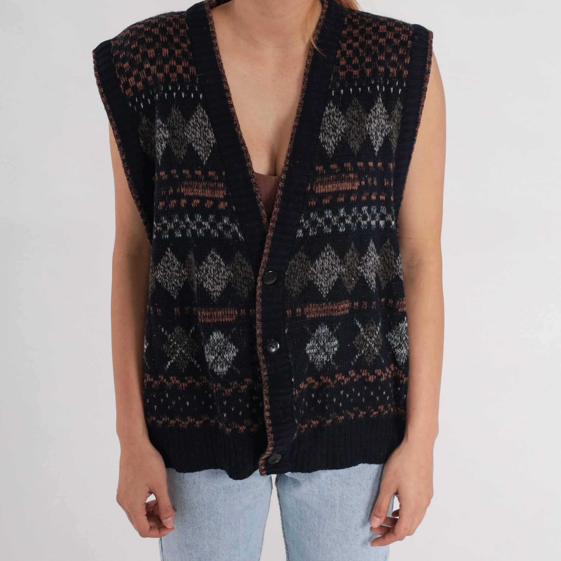 90s Expressions Black Argyle Sweater Vest Button-Up Knit Large L