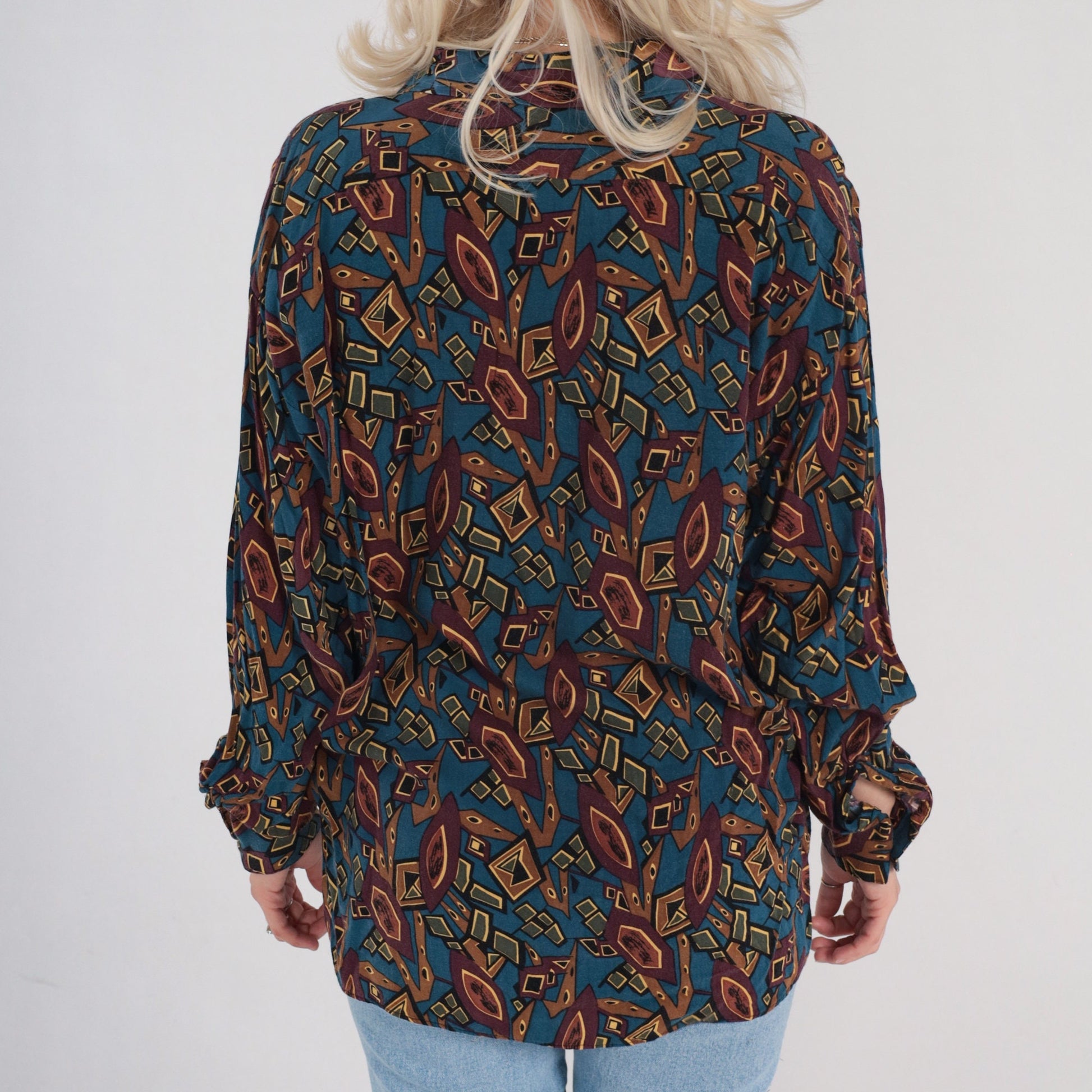 90s Abstract Geometric Button-Up Shirt Long Sleeve Multicolor Large