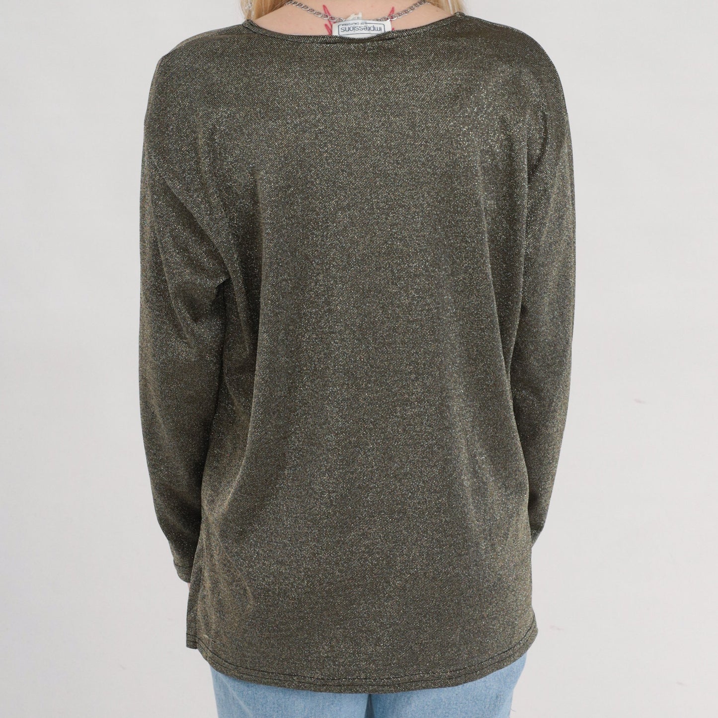 90s Gold Metallic Blouse Long Sleeve Side Slit Party Top Medium