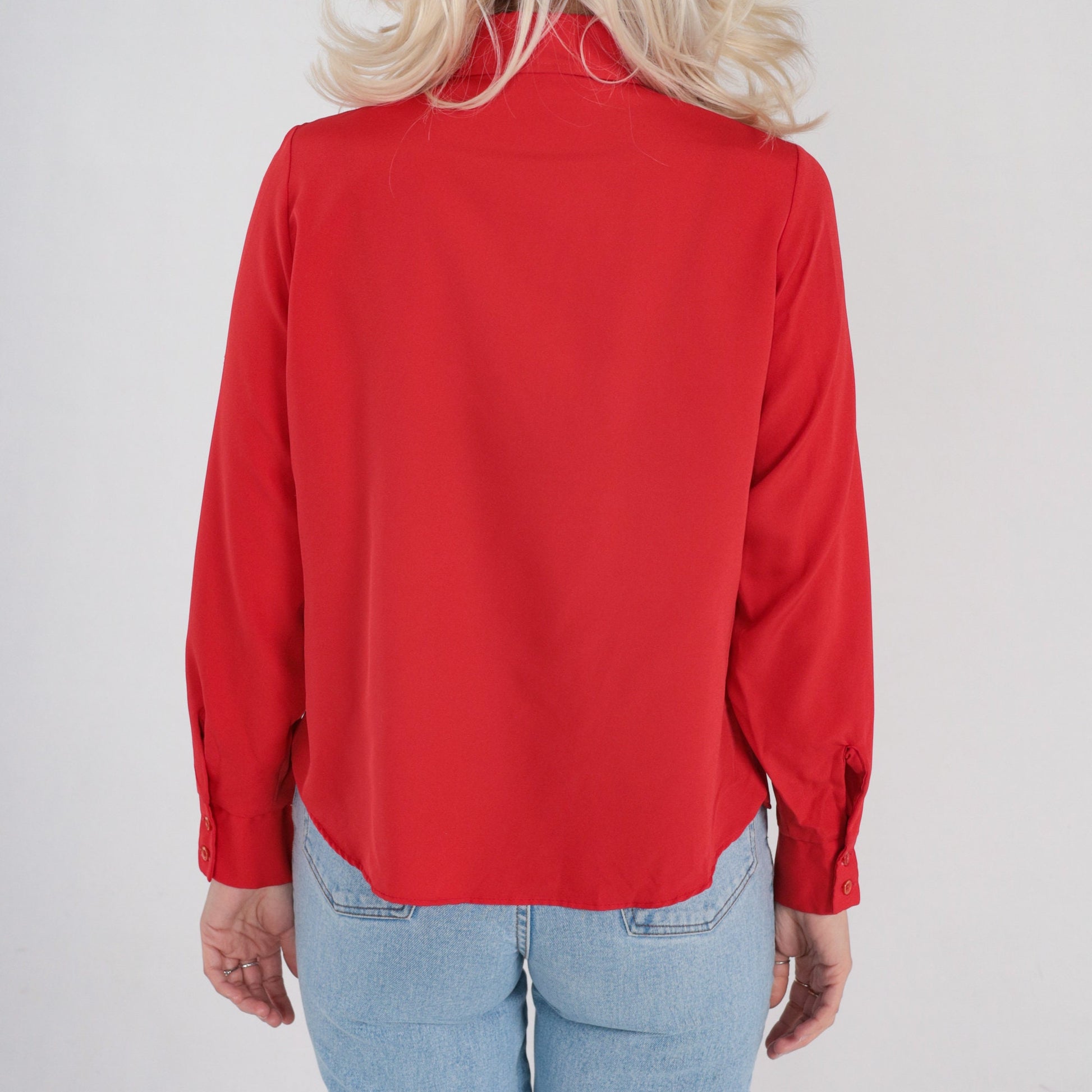 70s Winnie The Pooh Red Button Up Blouse Dagger Collar Embroidered Small S