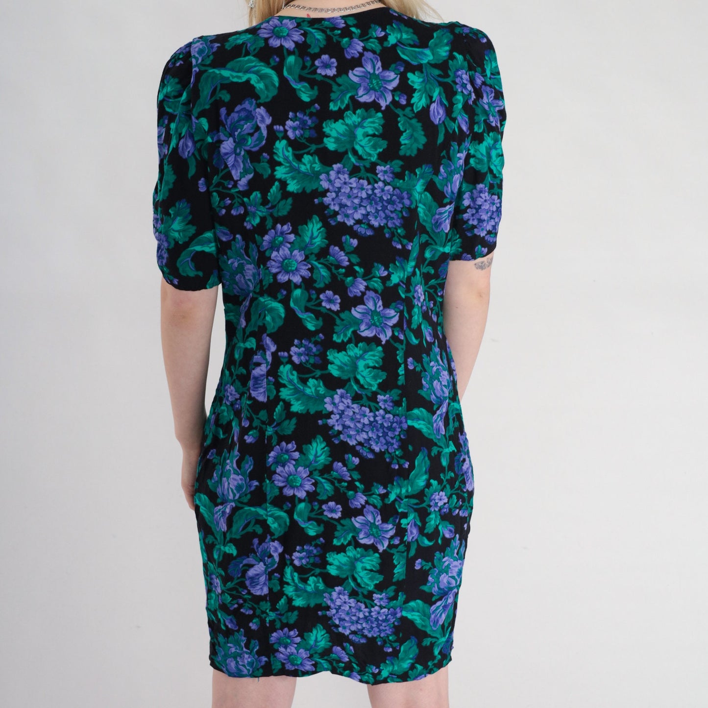 90s All That Jazz Floral Mini Dress Black Puff Sleeve V-Neck Medium