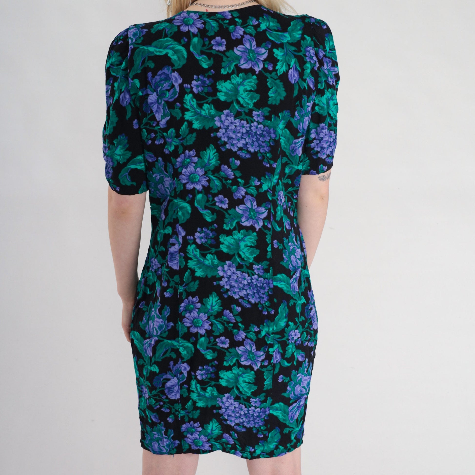 90s All That Jazz Floral Mini Dress Black Puff Sleeve V-Neck Medium