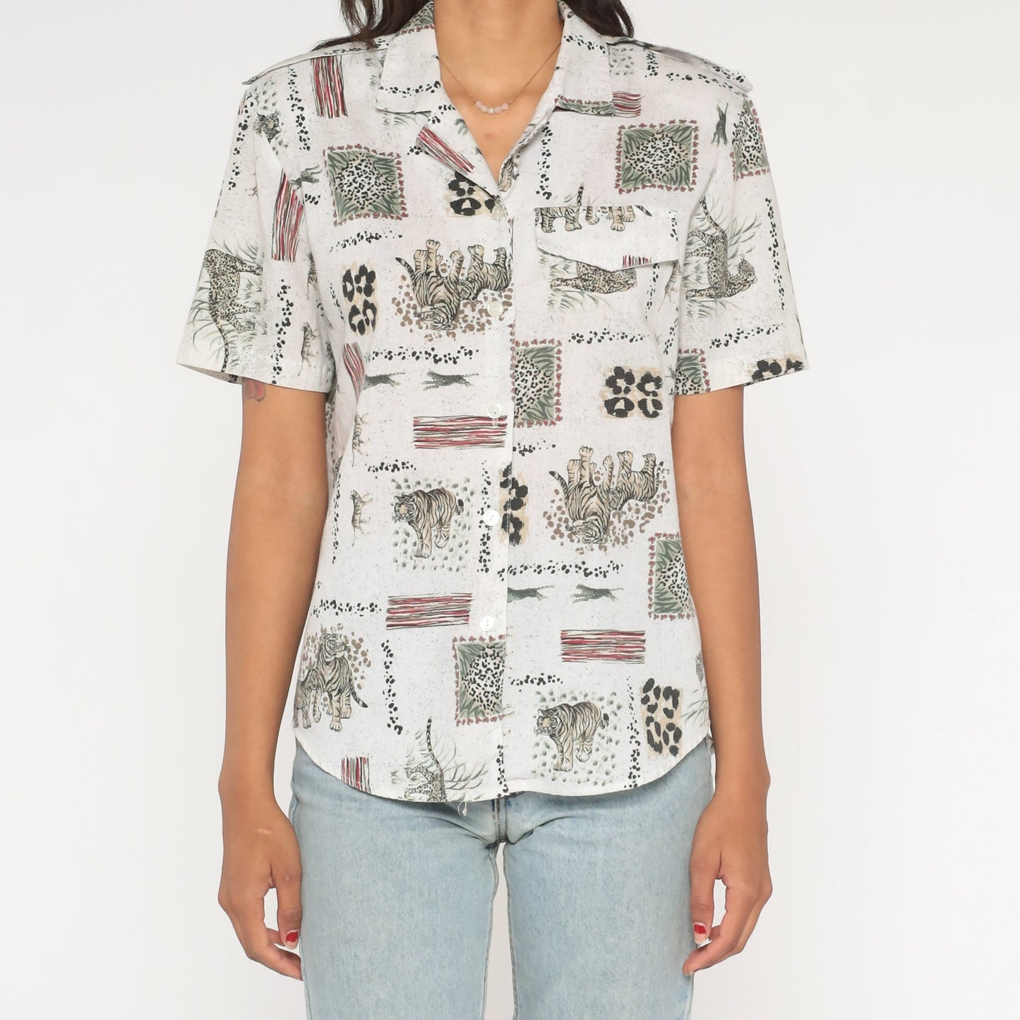 90s Safari Animal Print Button Up Shirt Leopard Tiger Jungle Blouse Small