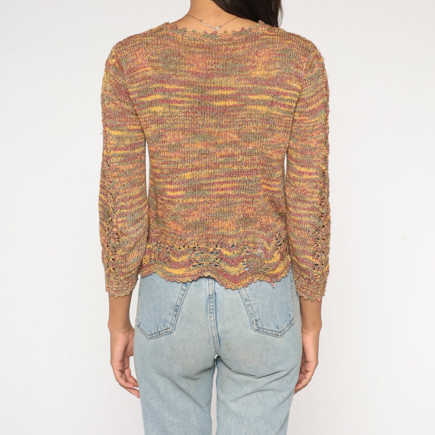 00s Space Dye Open Weave Pointelle Sweater Cut Out Knit Small
