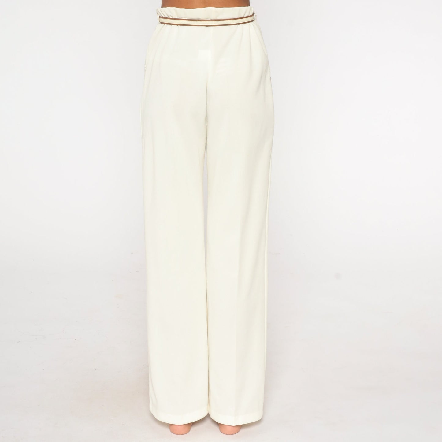 70s White High-Rise Straight Leg Trousers with Belt Medium