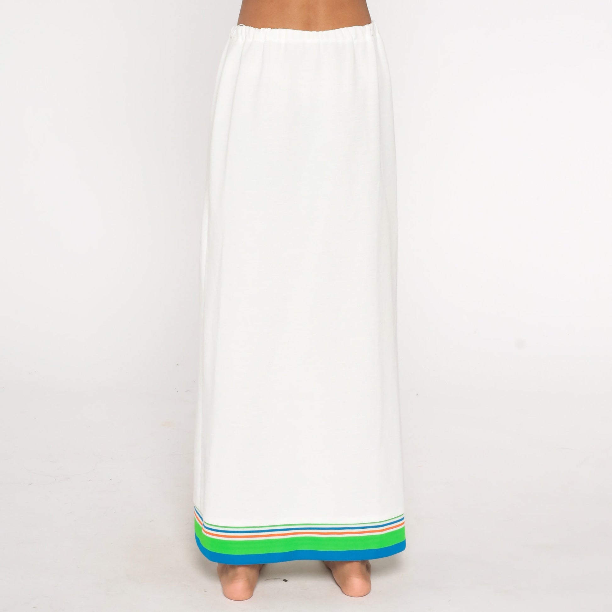 70s White Striped Maxi Skirt High Waist Long Vintage Medium Large