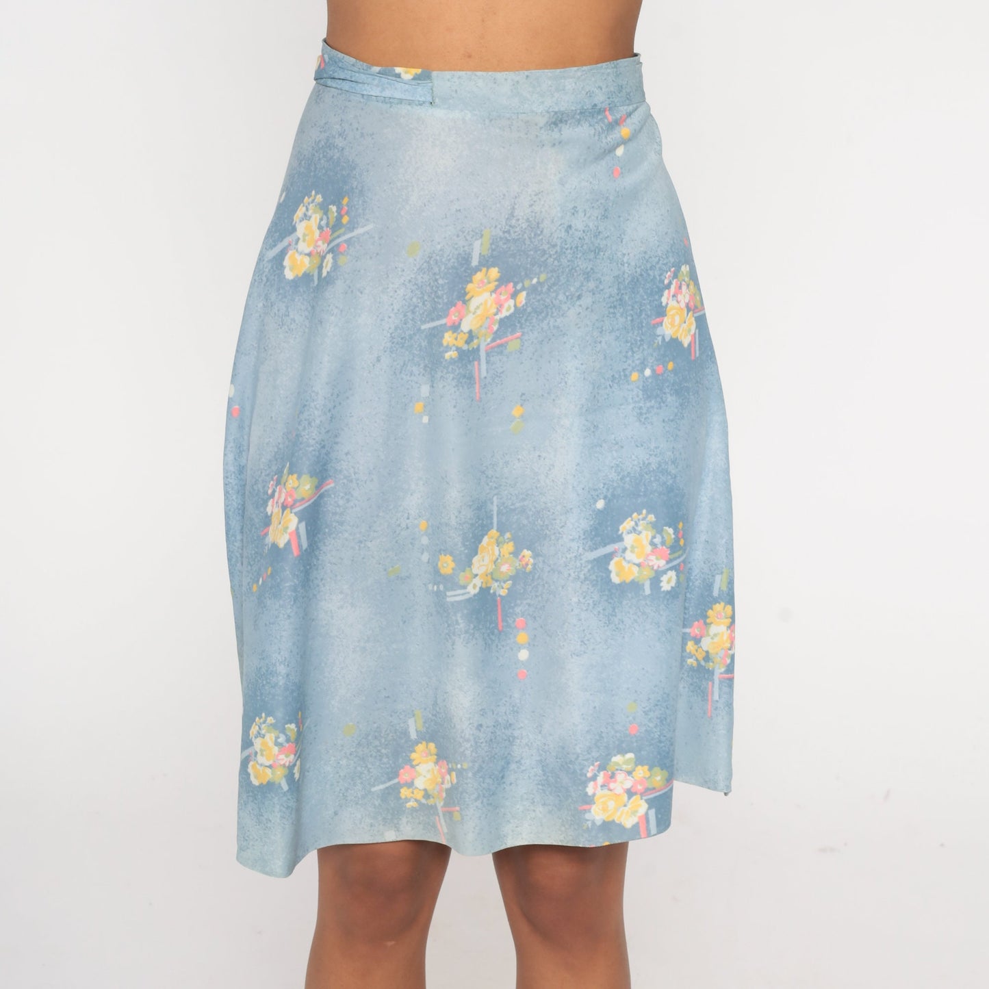 70s Blue Floral Wrap Skirt High Waist Mini Adjustable Belt Small Medium