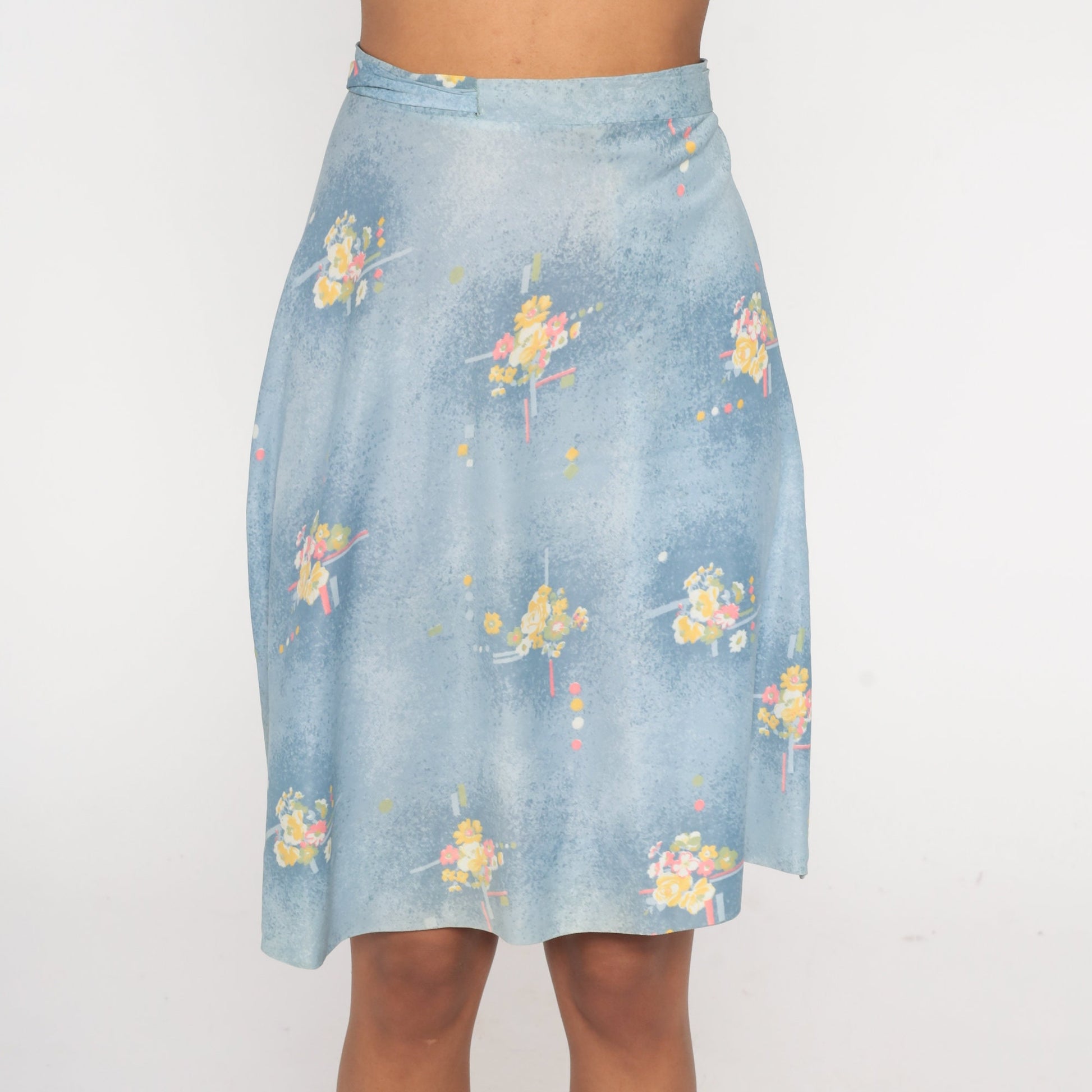 70s Blue Floral Wrap Skirt High Waist Mini Adjustable Belt Small Medium