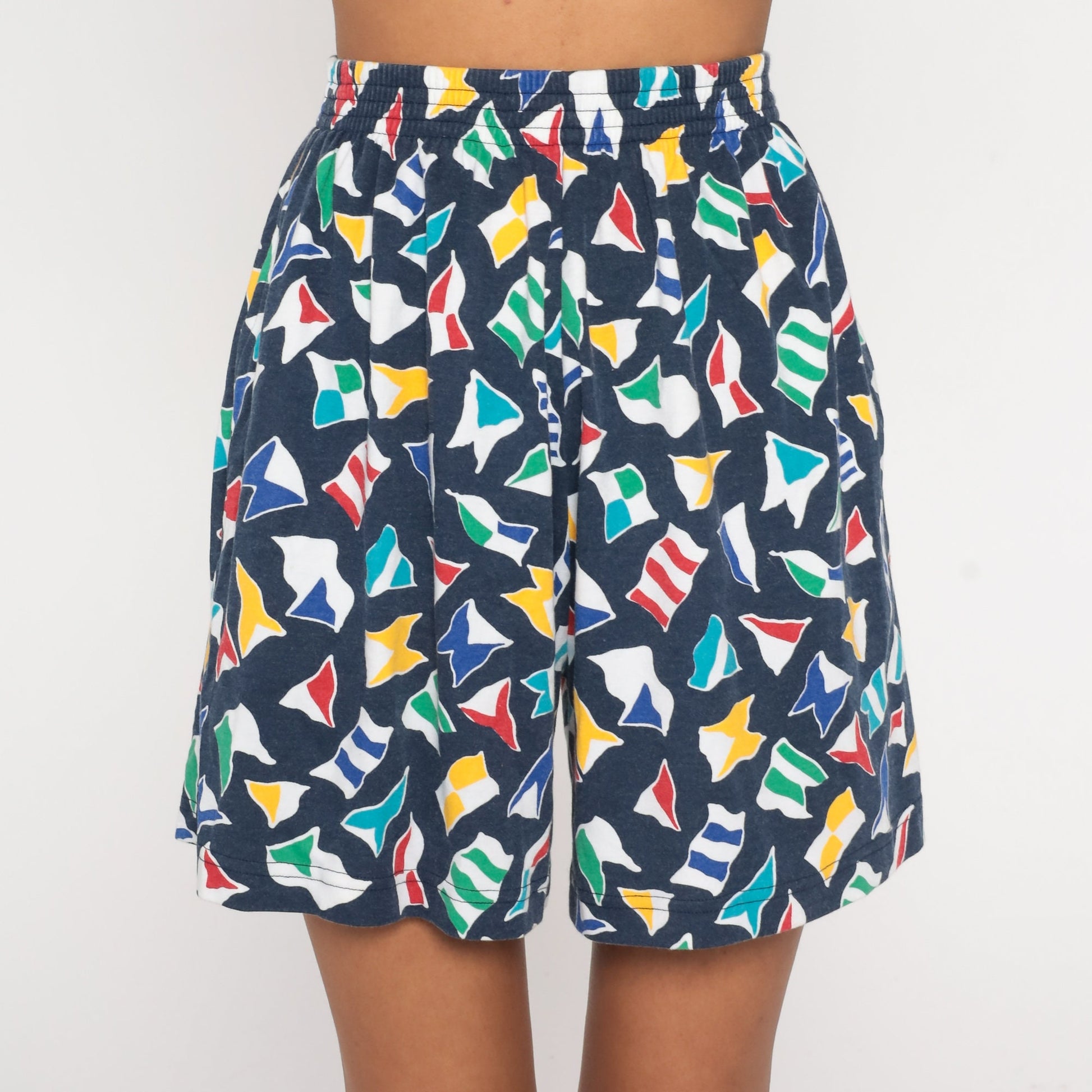 90s Nautical Flag Shorts Dark Blue High Waist Elastic Waist Small
