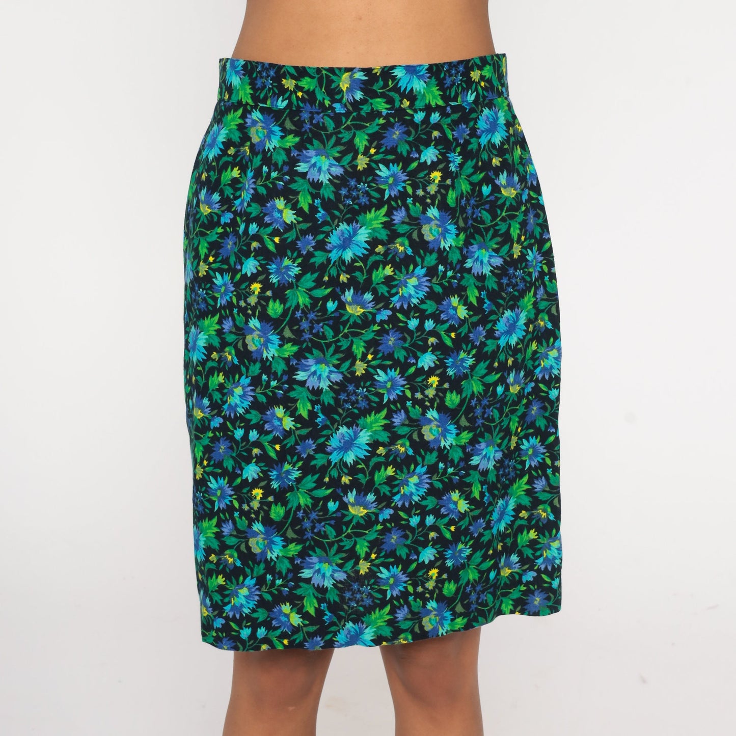 90s United Colors of Benetton Floral Mini Skirt Green Blue High Waist Small