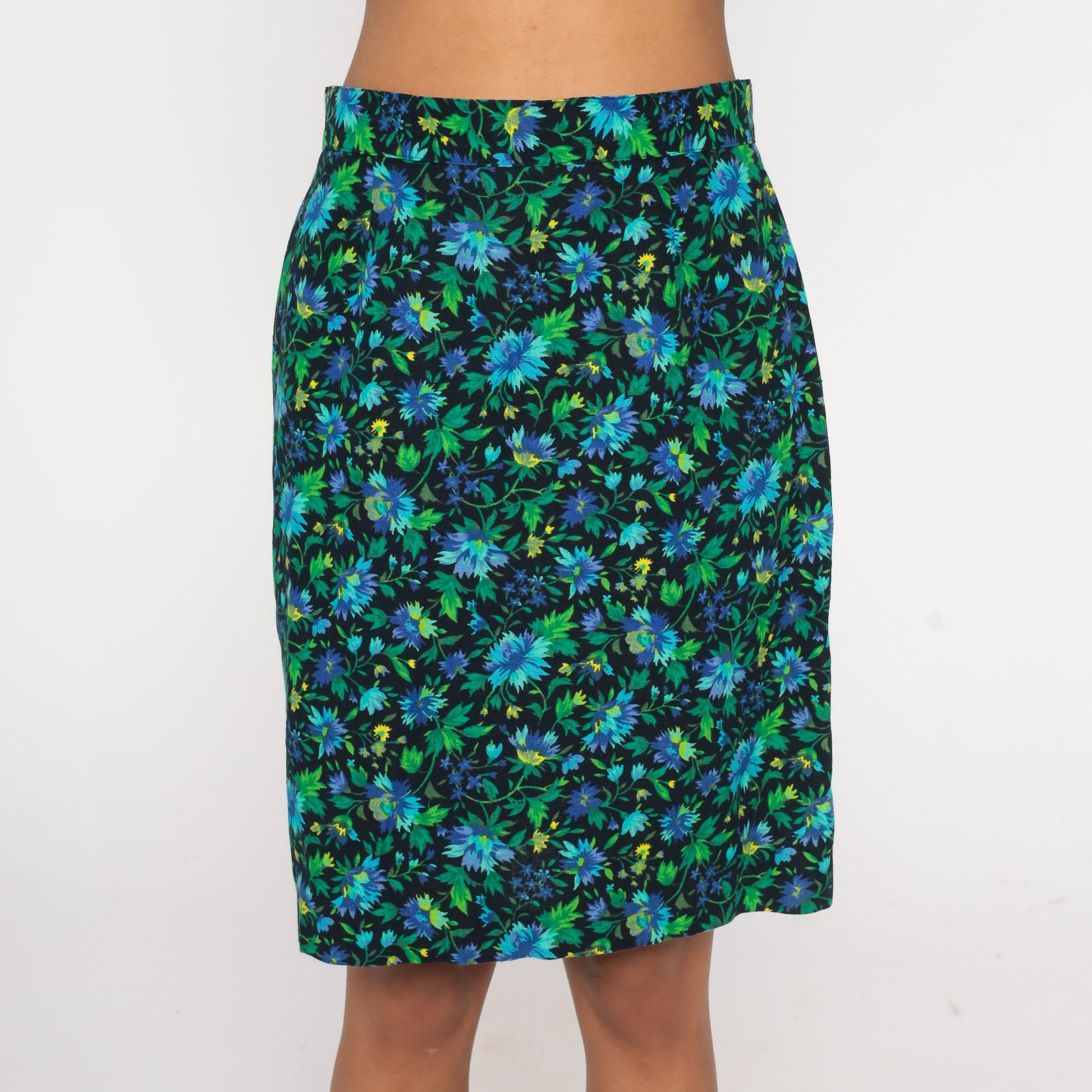 90s United Colors of Benetton Floral Mini Skirt Green Blue High Waist Small