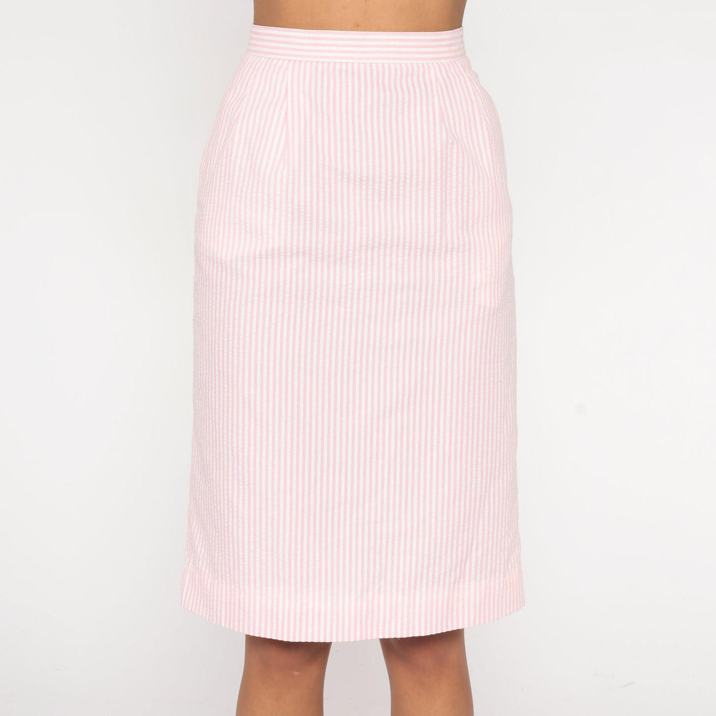 80s Seersucker Striped Midi Skirt Pink White High Waist Pencil Extra Small