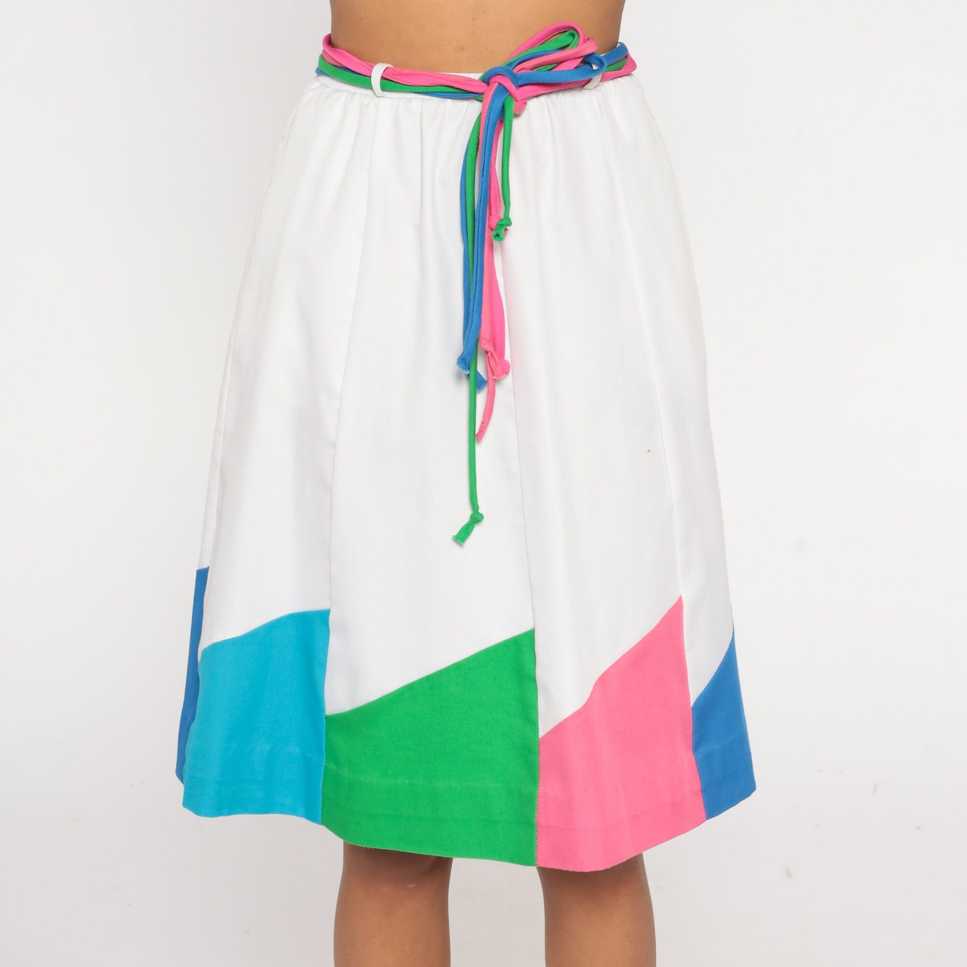 80s Color Block A-Line Skirt White Pink Blue High Waist Belted Pockets Extra Small
