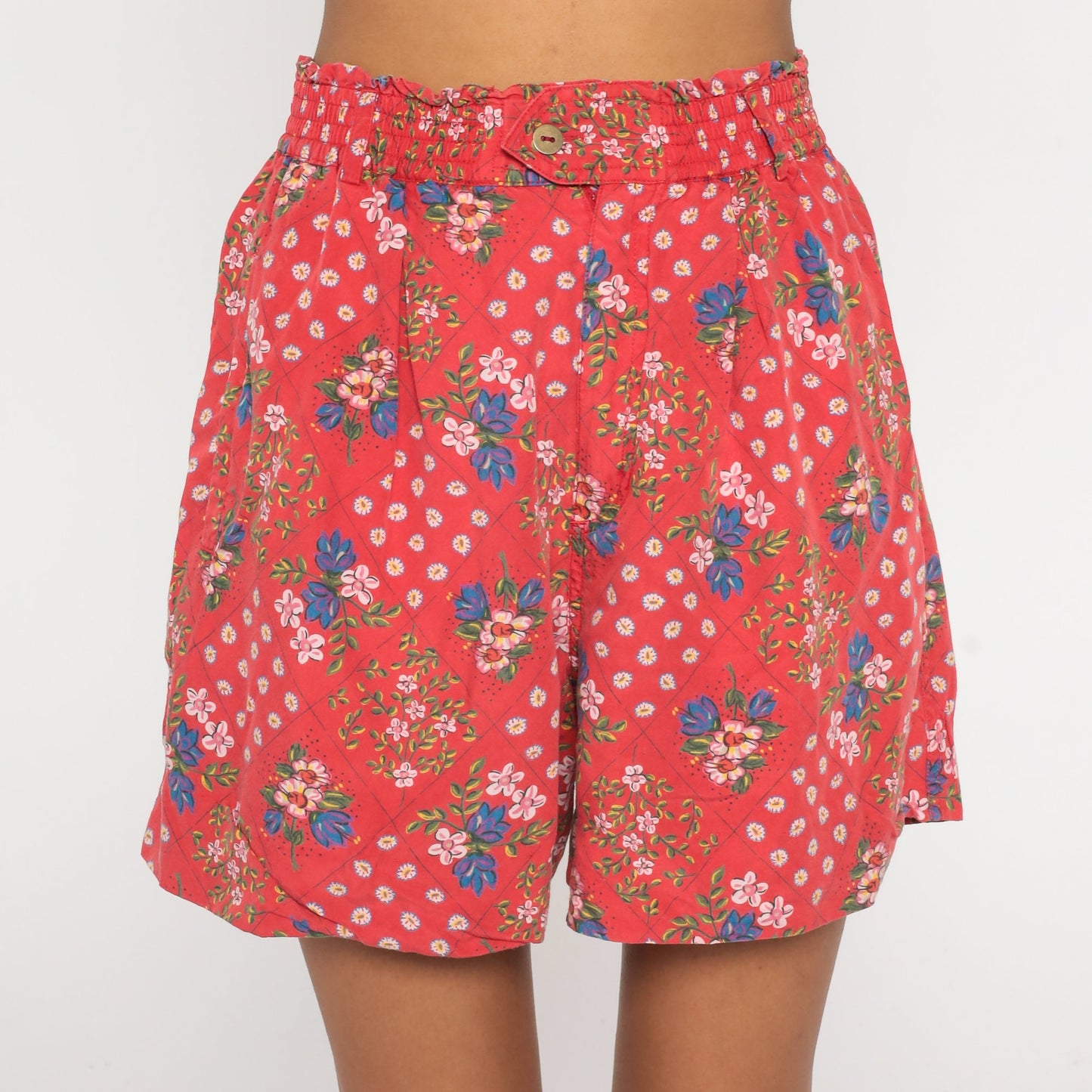 90s Liz Claiborne Floral Patchwork Shorts Red High Waist Pleated Medium