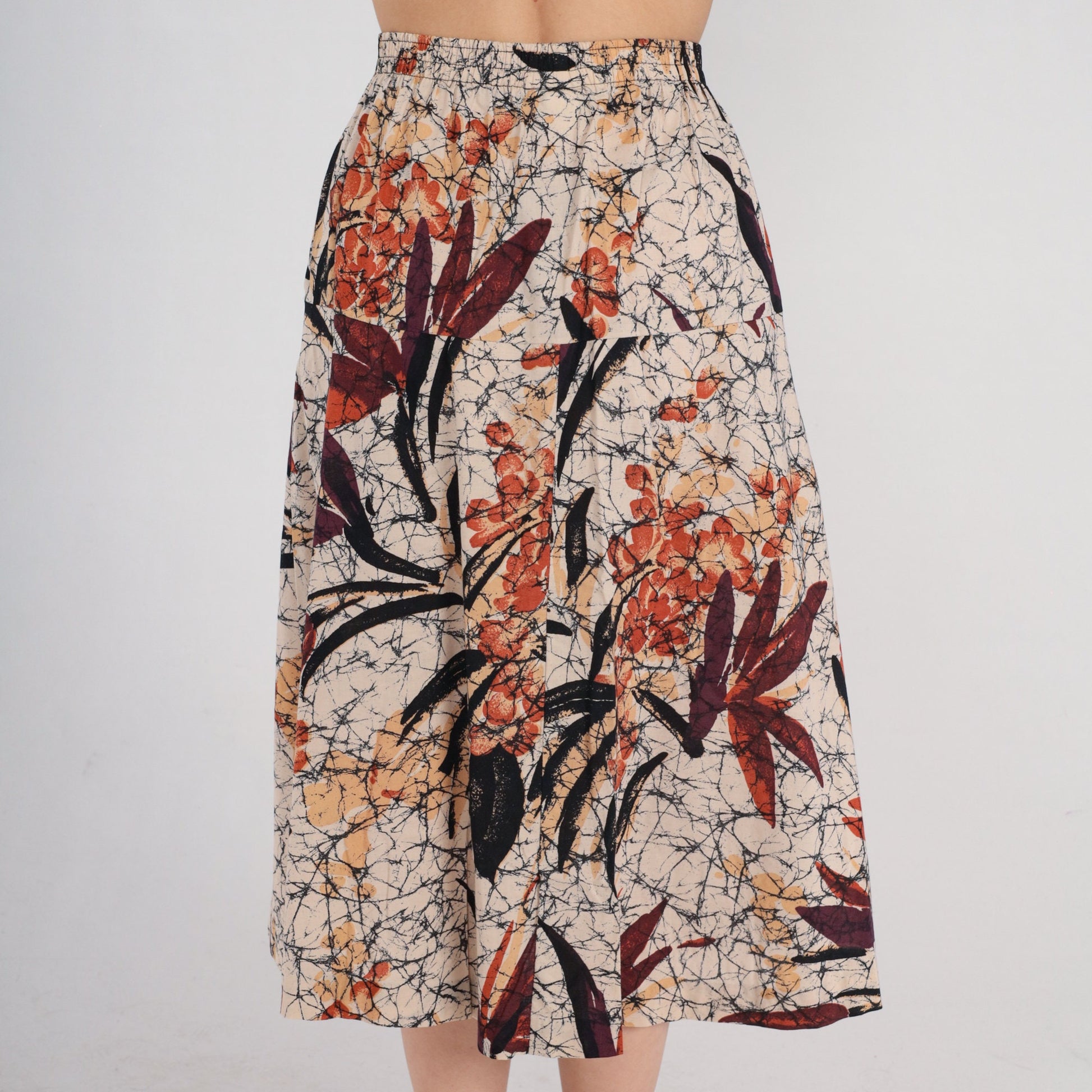 80s Tan Floral Leaf Print Midi Skirt Button Front High Waist Small Medium