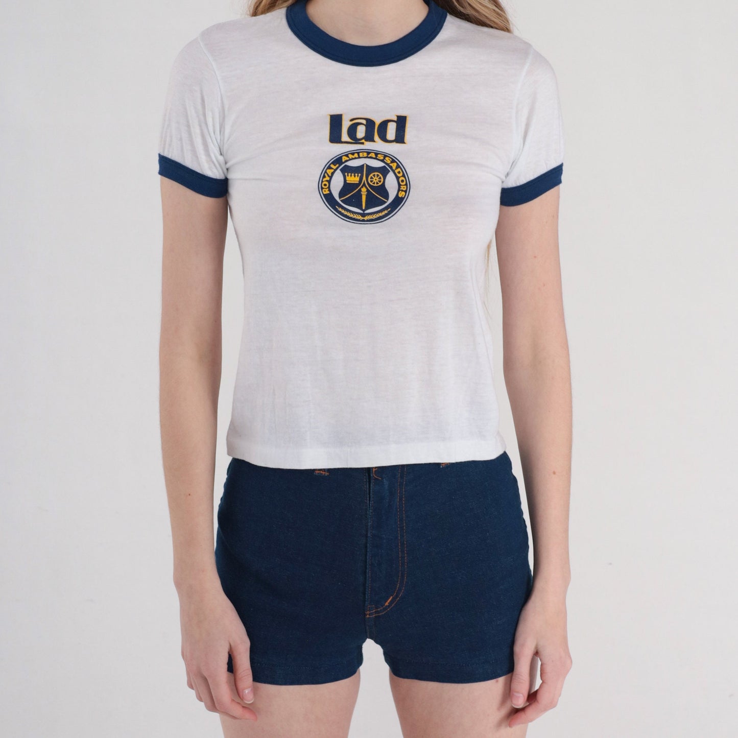 80s Royal Ambassador Lad Christian Ministry Ringer Tee White Blue XS