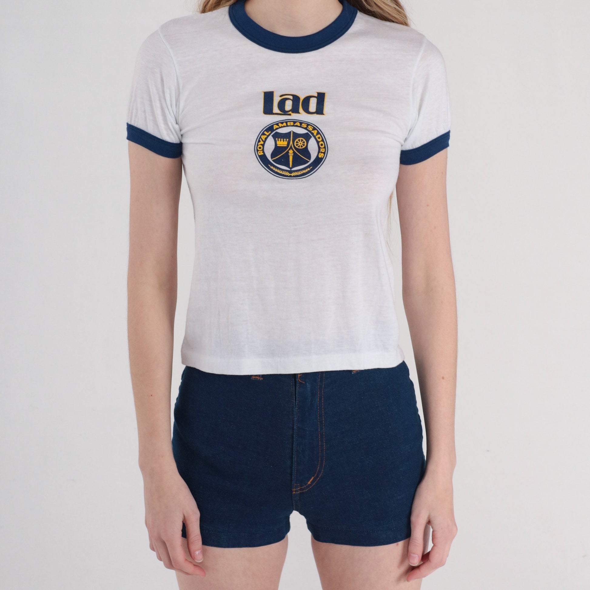 80s Royal Ambassador Lad Christian Ministry Ringer Tee White Blue XS
