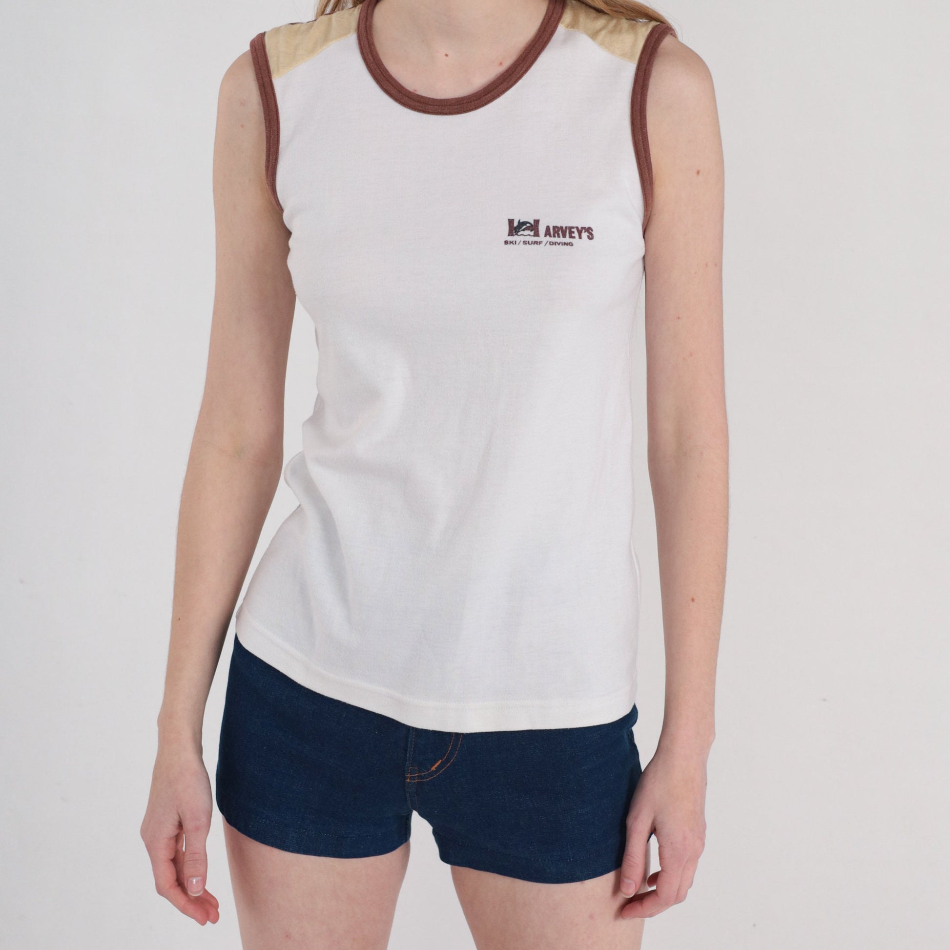 70s Harvey's Ski Surf Diving Orca Whale Tank Top White Ringer Small
