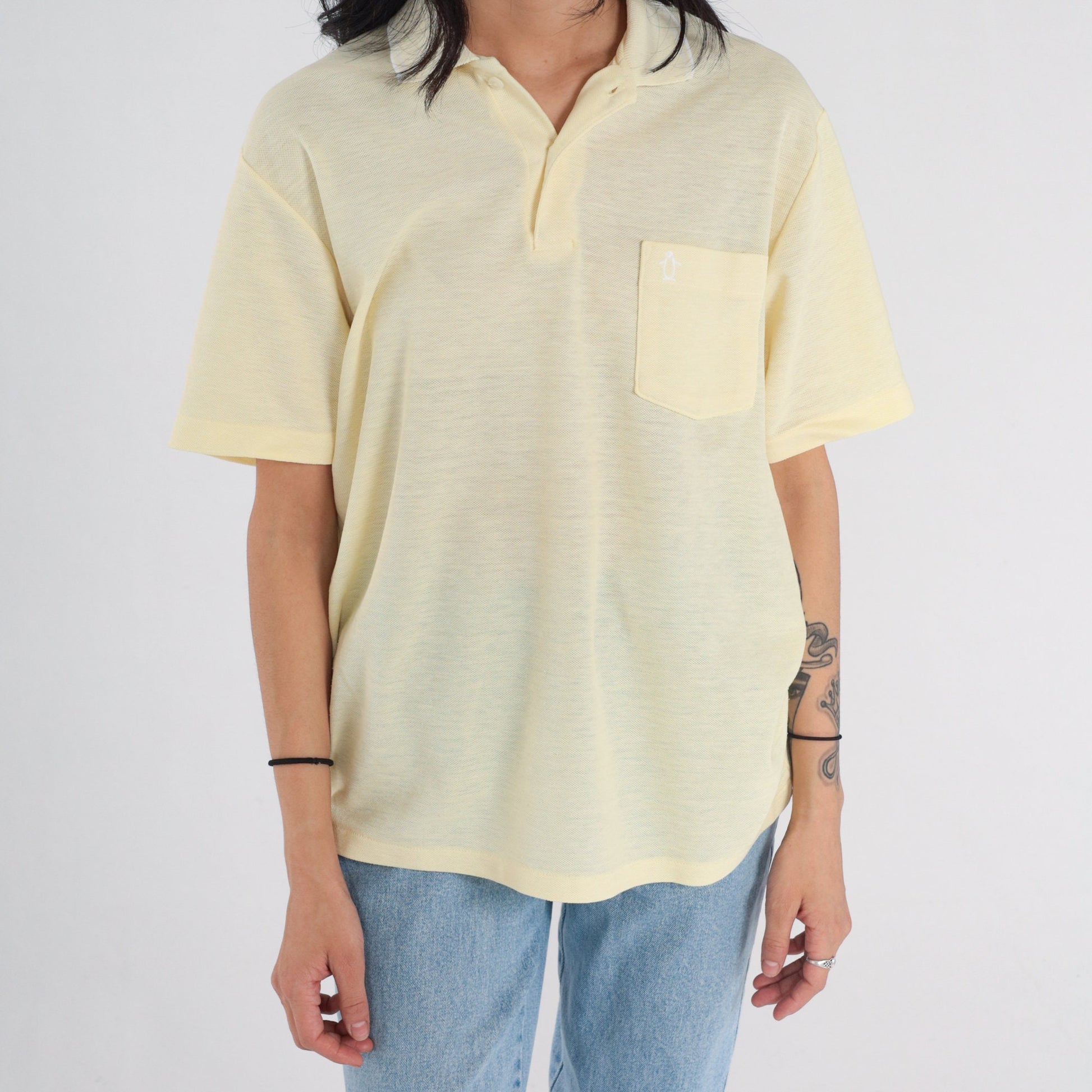 90s Munsingwear Polo Shirt Yellow Penguin Logo Collared Tee Medium M