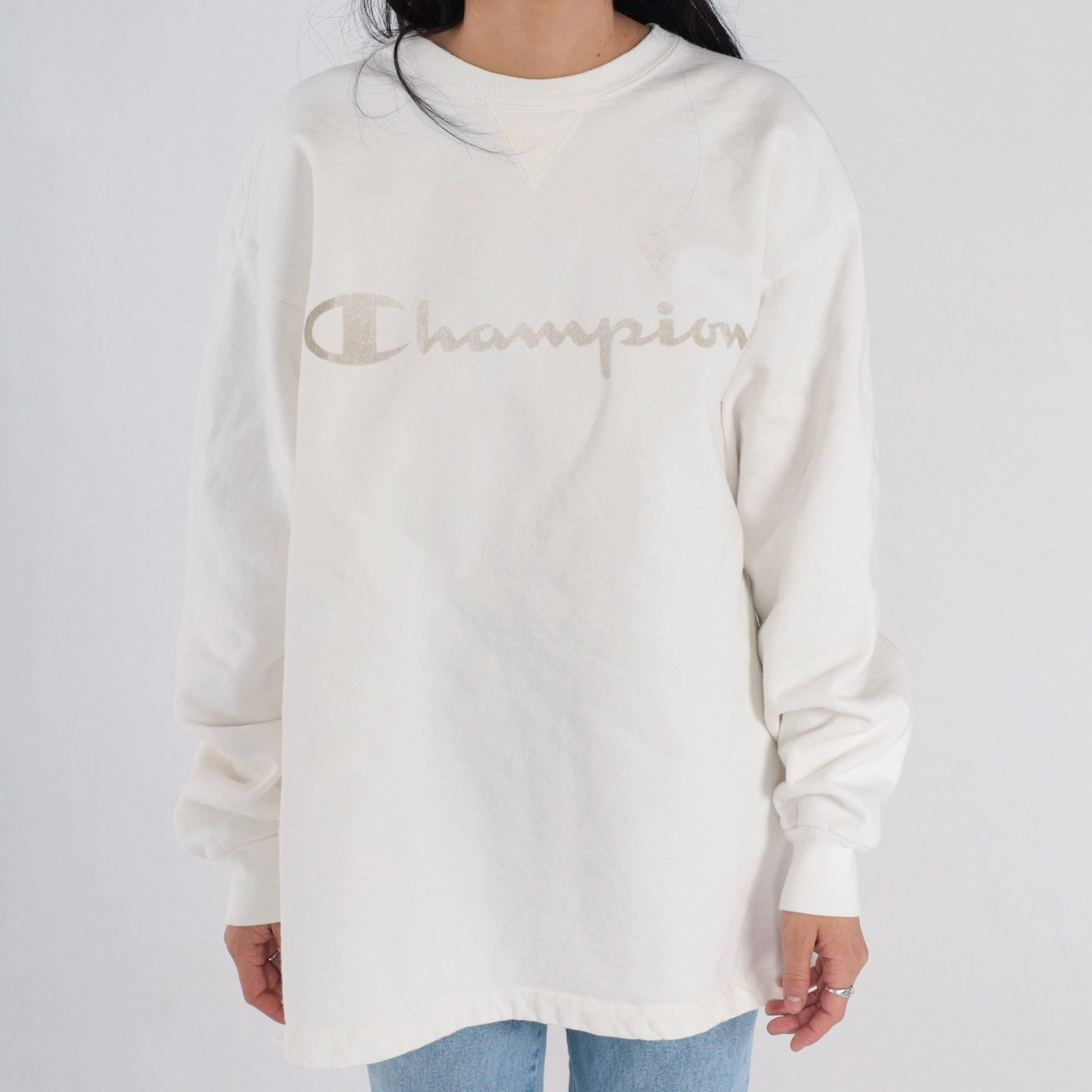 Y2K Champion Logo Long Sleeve T-Shirt White Cotton Graphic Tee Extra Large XXL