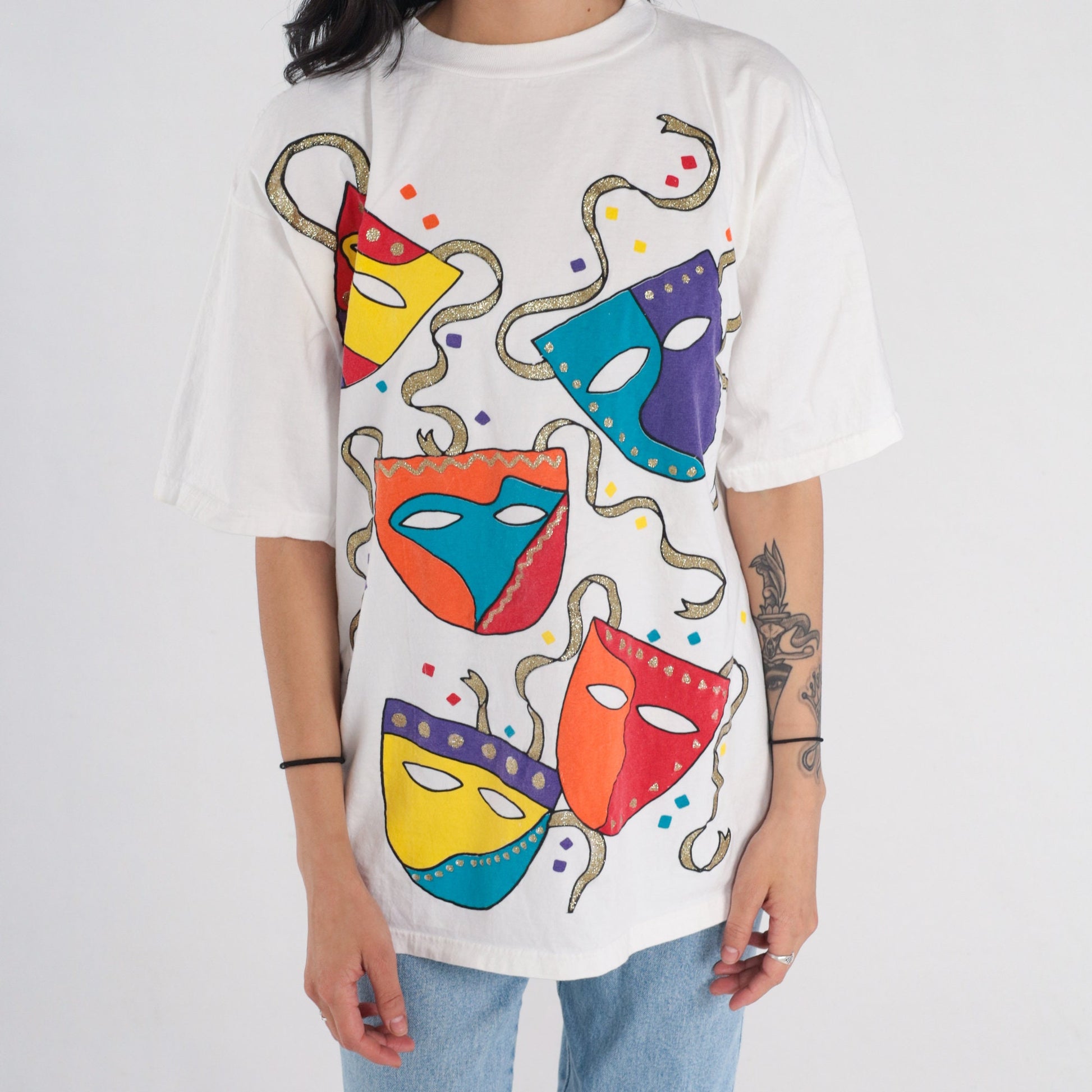 90s Glitter Drama Masks Graphic T-Shirt White Sparkly Theater Tee Small