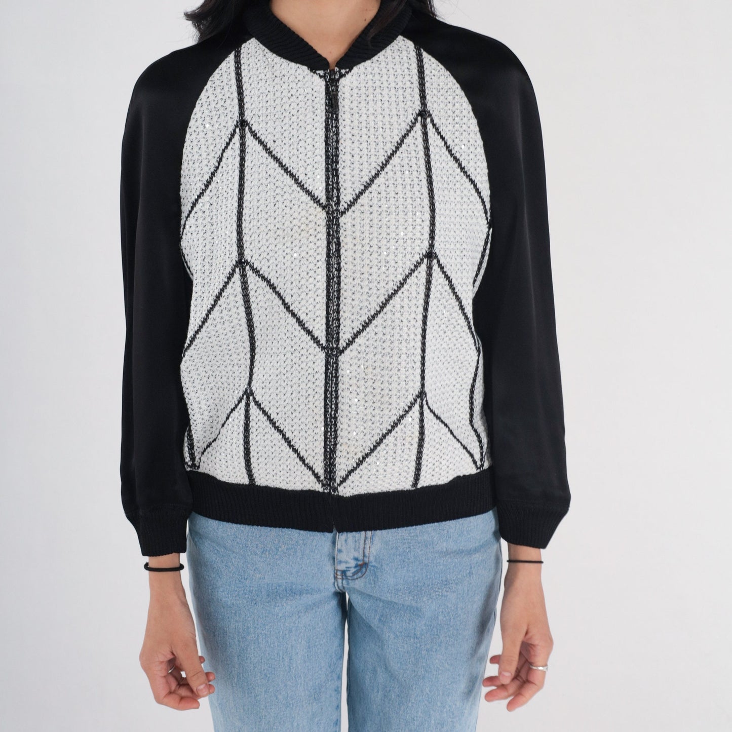 St John Couture Y2K Zip Cardigan Black White Chevron Sequin Silk Blend Small S