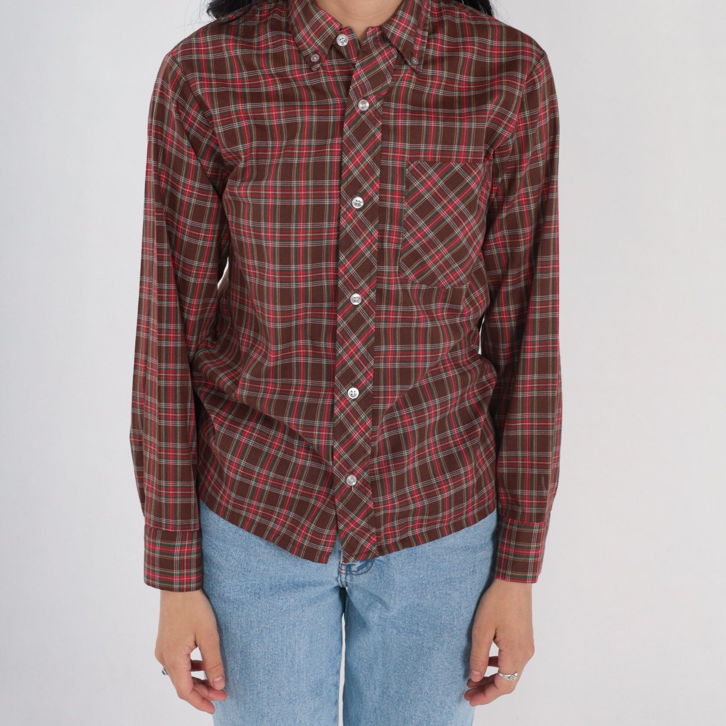 80s Clan Tartans Brown Plaid Button-Up Shirt Long Sleeve Extra Small