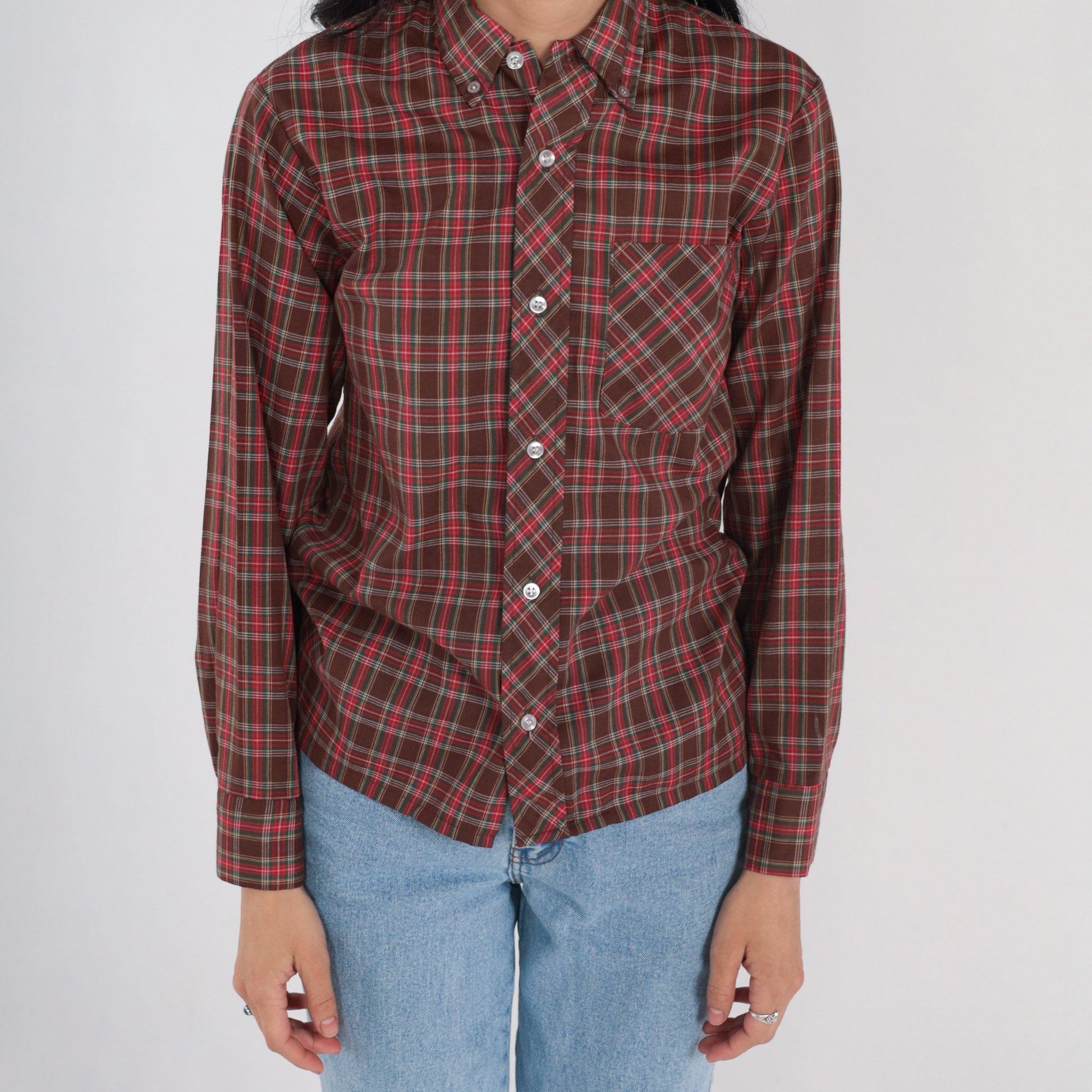 80s Clan Tartans Brown Plaid Button-Up Shirt Long Sleeve Extra Small