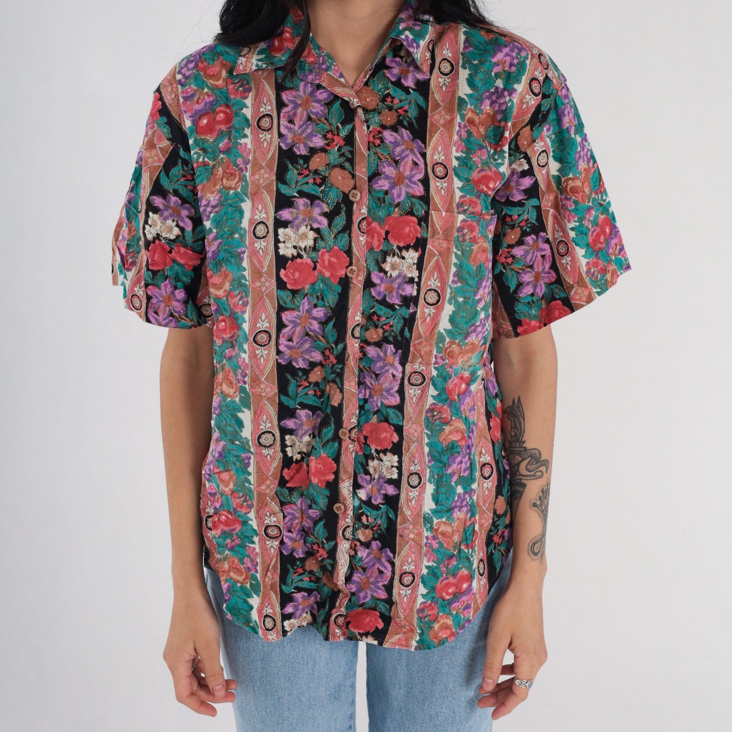90s Striped Floral Fruit Print Cotton Button-Up Blouse Short Sleeve Small