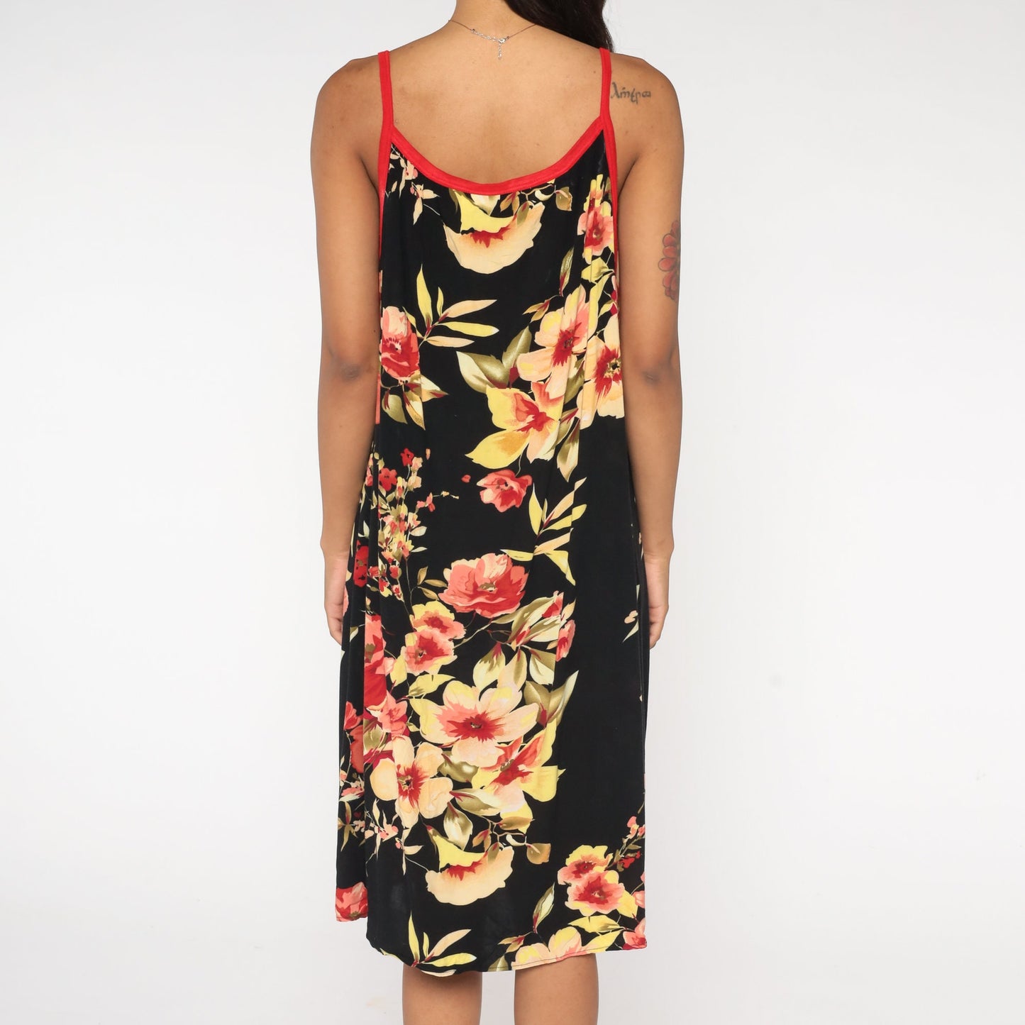 Y2K Hawaiian Floral Midi Dress Black Spaghetti Strap Tropical Print Large L