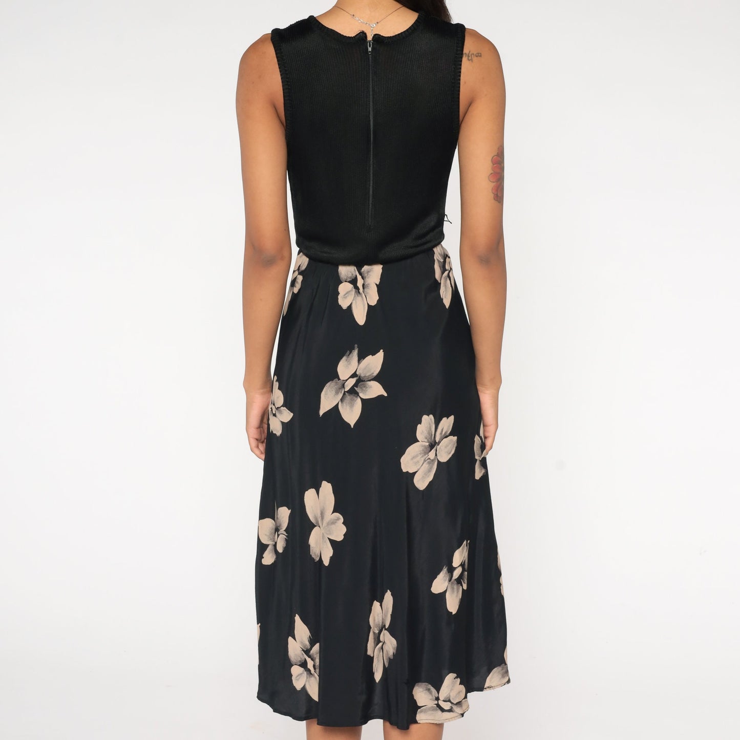 90s Black Floral Midi Dress Ribbed High Waist Sleeveless Small Medium