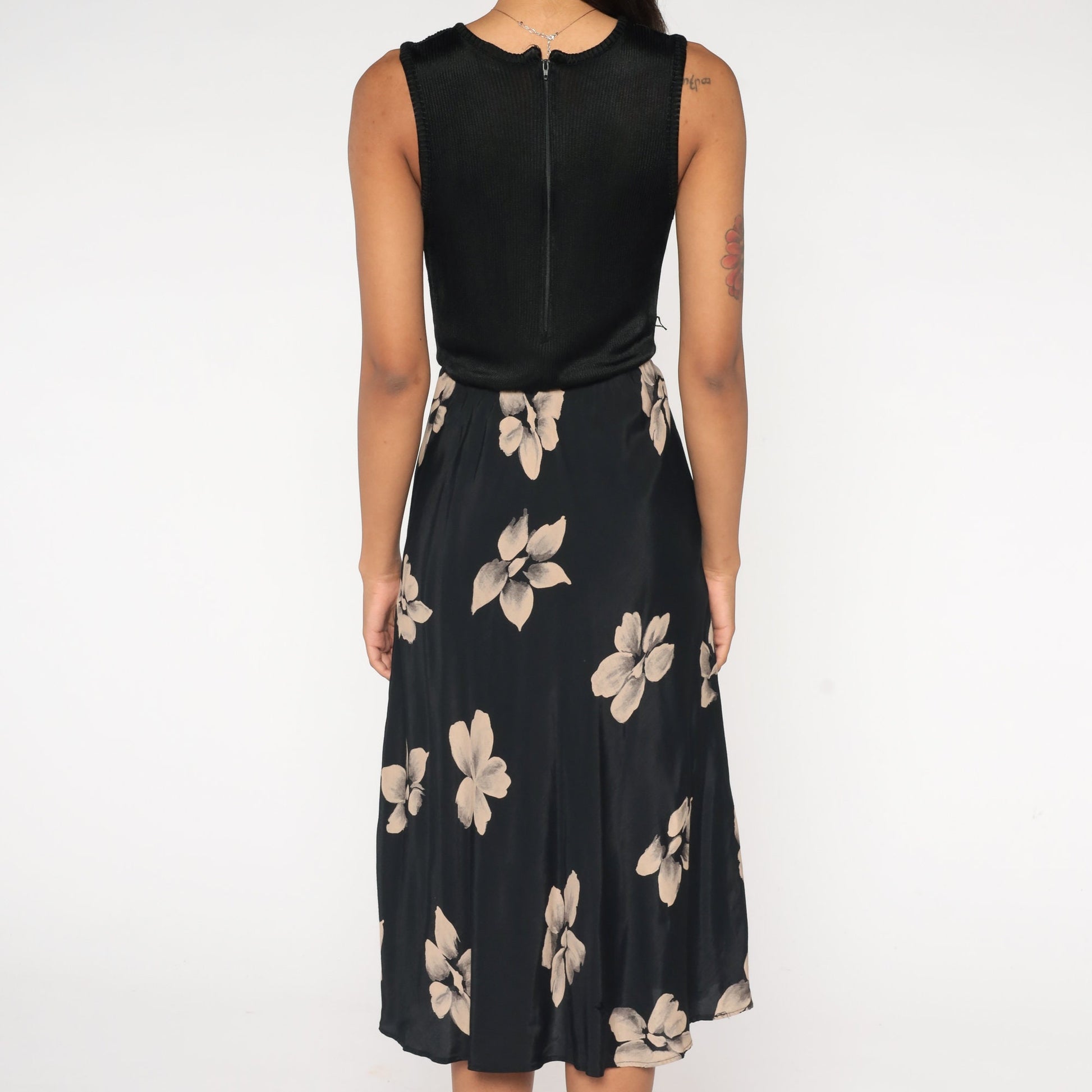 90s Black Floral Midi Dress Ribbed High Waist Sleeveless Small Medium