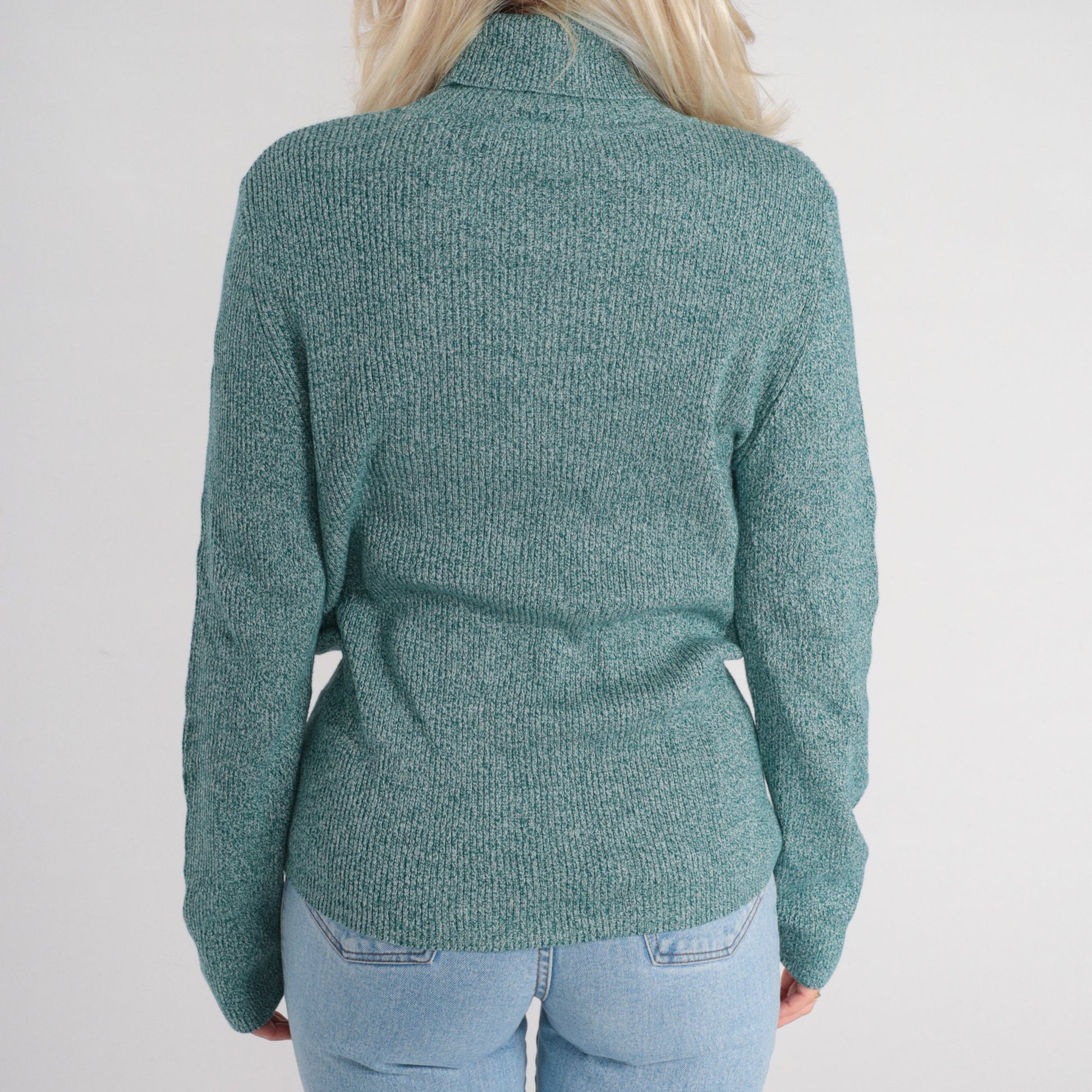 00s Green Flecked Ribbed Knit Turtleneck Cotton Long Sleeve Extra Large XL