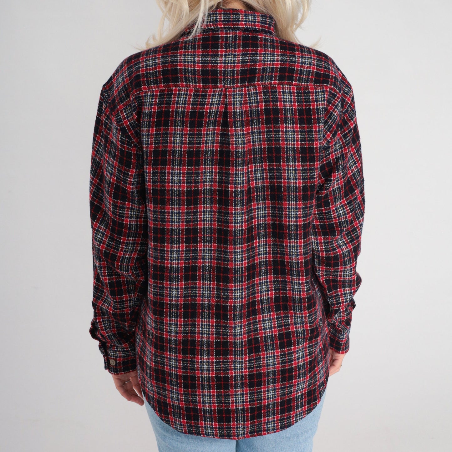90s Red Plaid Flannel Button-Up Shirt Cotton Long Sleeve Large L