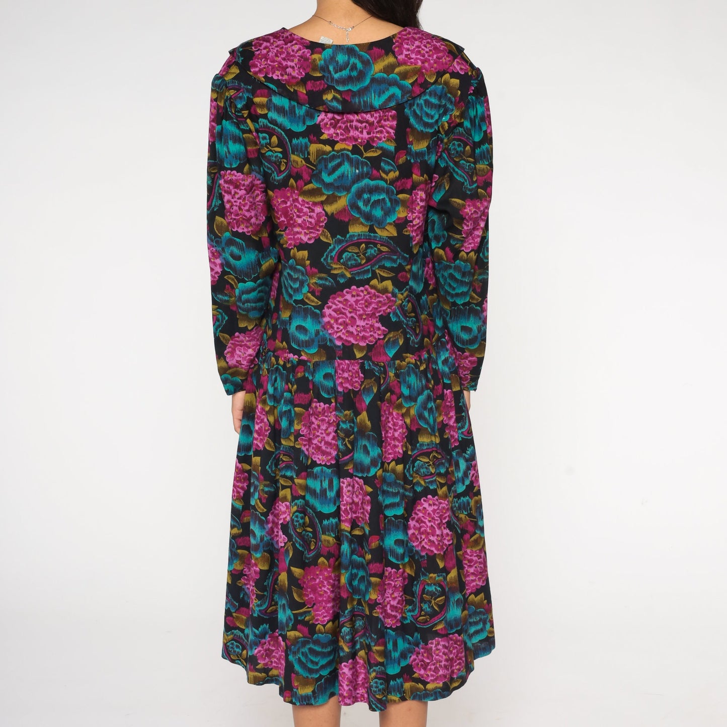 90s Paisley Floral Midi Dress Button-Up Low Waist Blue Purple Rayon Medium