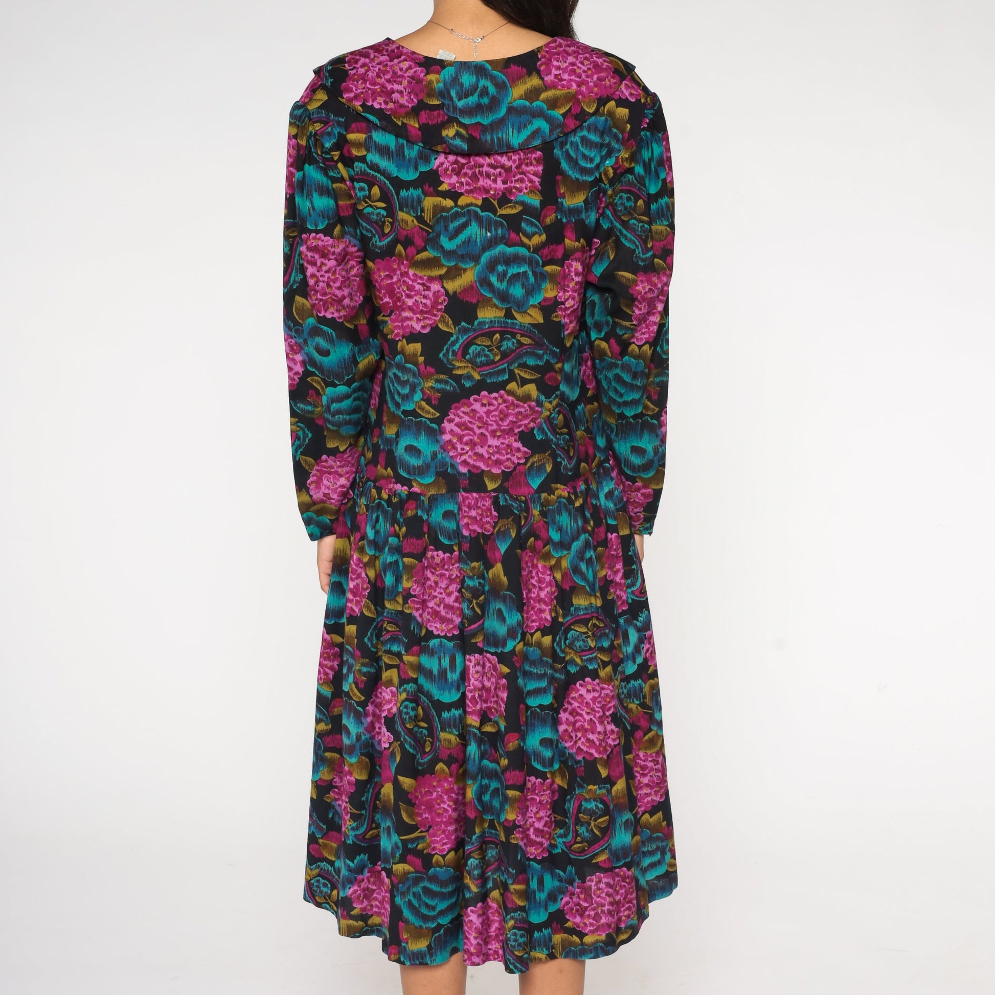 90s Paisley Floral Midi Dress Button-Up Low Waist Blue Purple Rayon Medium