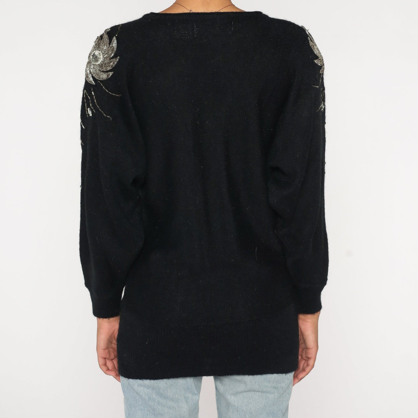 80s Black Knit Sweater Silver Beaded Swirl Dolman Sleeve Pullover Medium