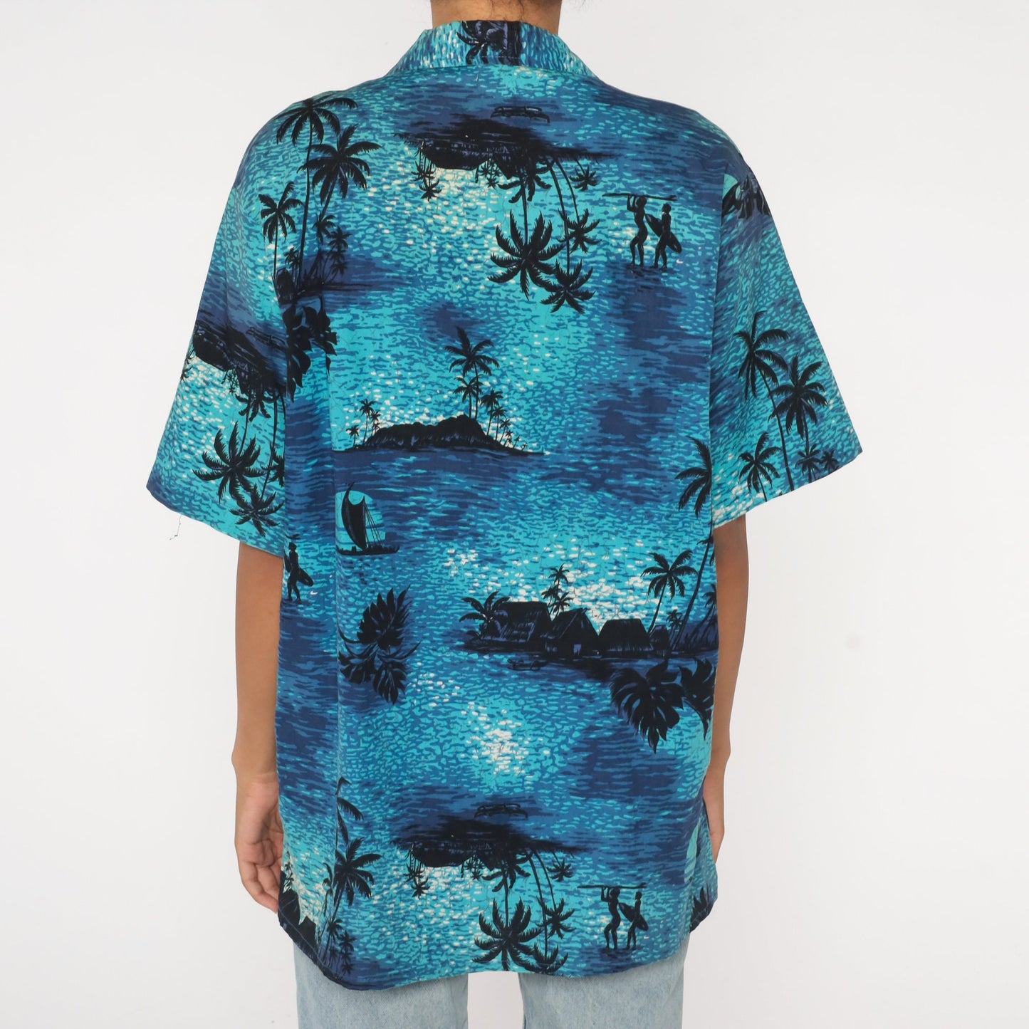 80s Tropical Surfer Shirt Blue Cotton Button Up Palm Tree Graphic Extra Large