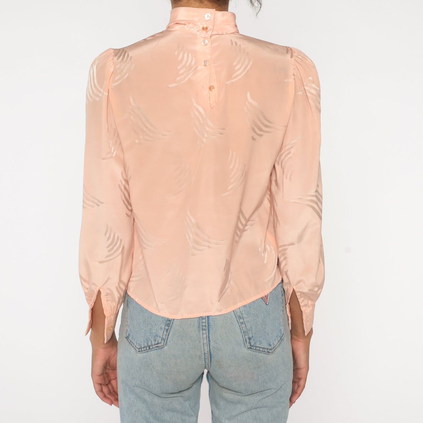 80s Peach Embossed Blouse Puff Sleeve Mock Neck Geometric Button Back Small