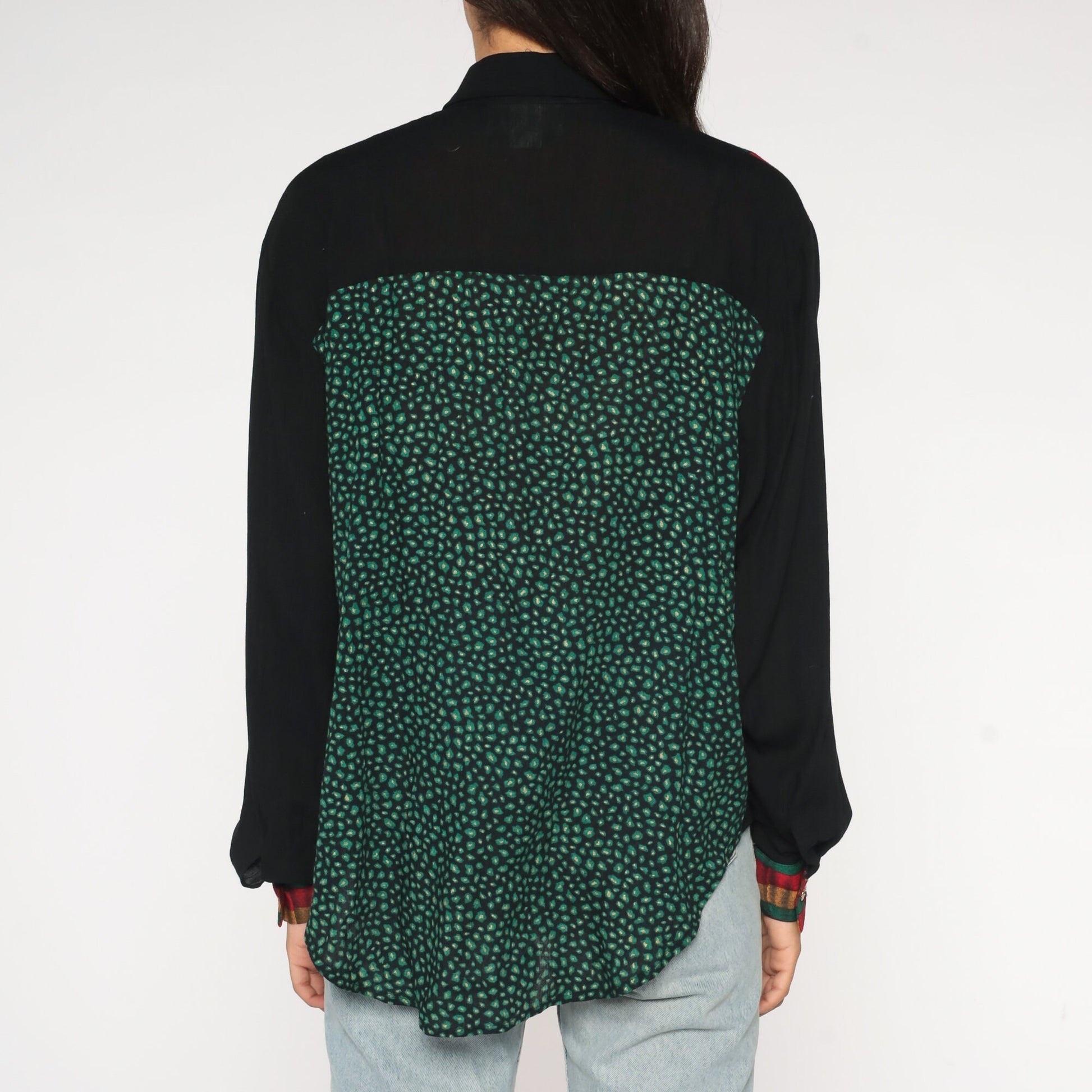 90s Baroque Flag Pebble Print Blouse Black Green Button Up Long Sleeve Small